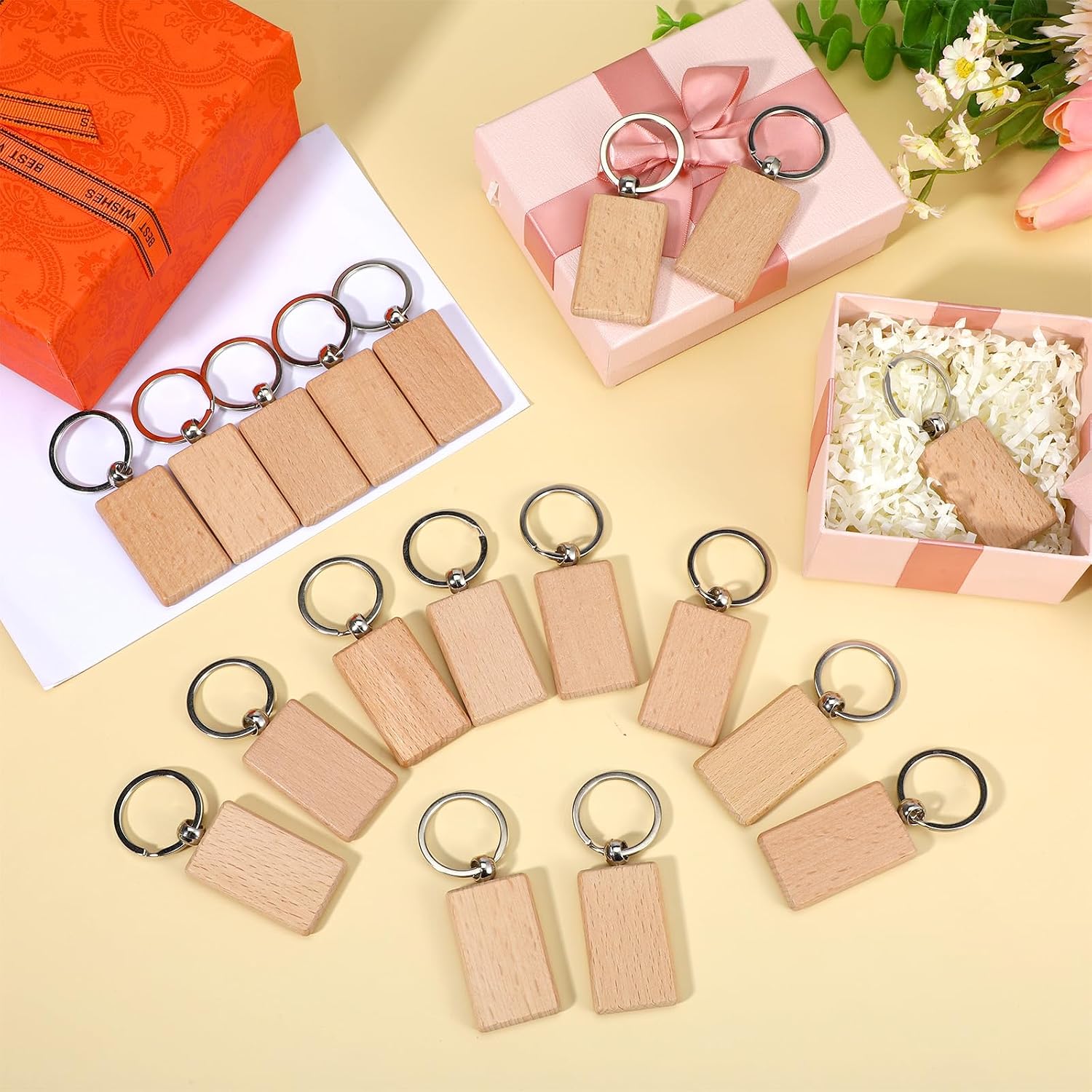 Dimeho 50 Pcs Wooden Keychain Blanks, Laser Engraving Wood Key Chain Rectangle Keychain Blank Bulk Wooden Key Ring Unfinished Various Keys Tag for DIY Craft Supplies