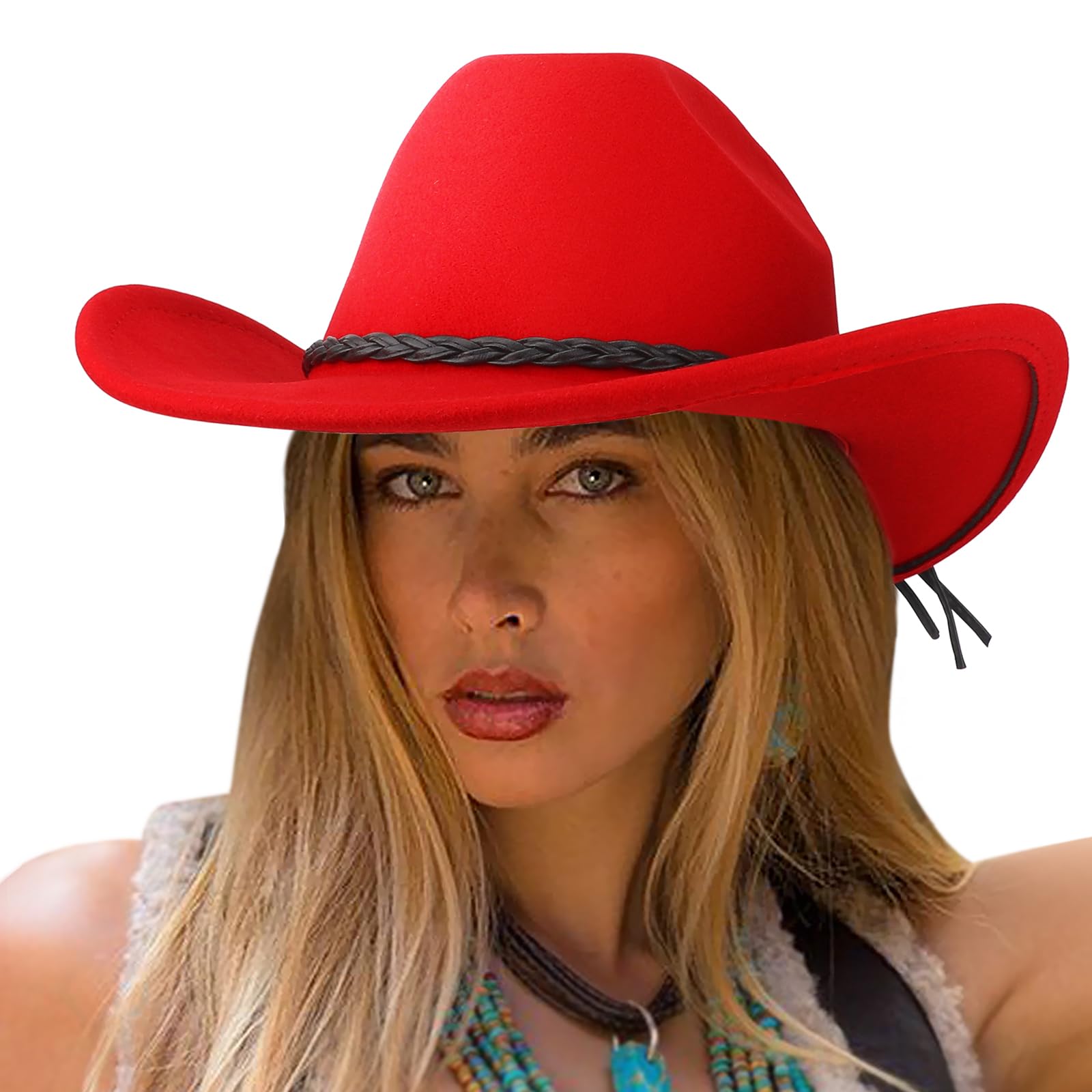 DRESHOW Cowboyhut für Damen & Herren Viehzüchter Western Fedora Filzhut Cowgirlhut mit Breite Krempe und Schnallengürtel Unisex Aufrollbare Krempe Hut