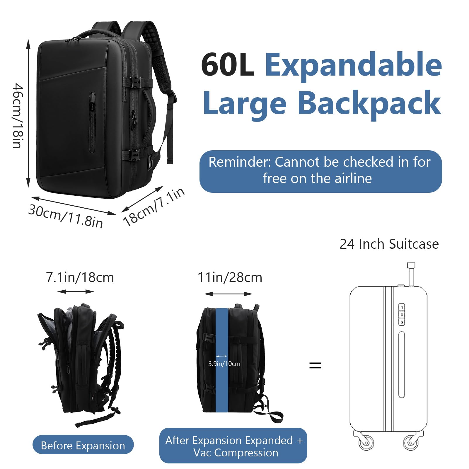 Mochila de viaje al vacío de 60 L, expandible, bolsa de compresión al vacío con bomba de aire, puerto de carga USB, resistente al agua, antirrobo, #211