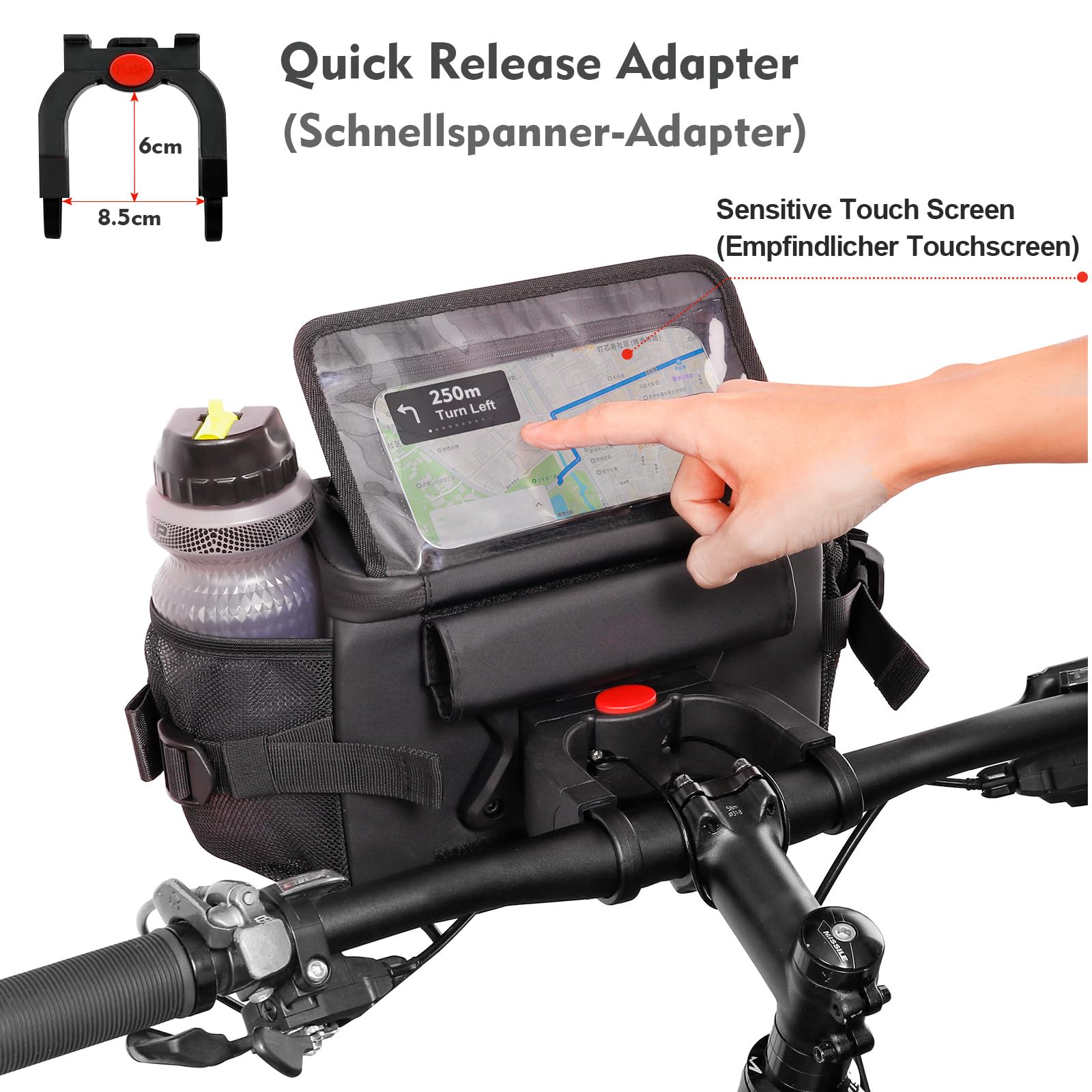 FINEW Borsa Da Manubrio Bici 6L Impermeabile - Con Supporto Telefono Touchscreen, Adattatore Universale E Tracolla Rimovibile - Foto 5