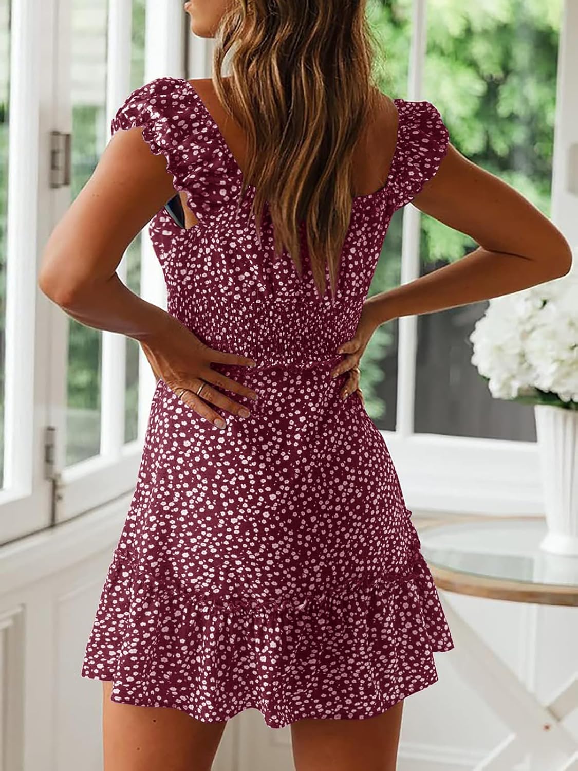 YOBECHO Womens Summer Sexy Sweetheart Collar Printed Ruffle Mini Dress - Image 3