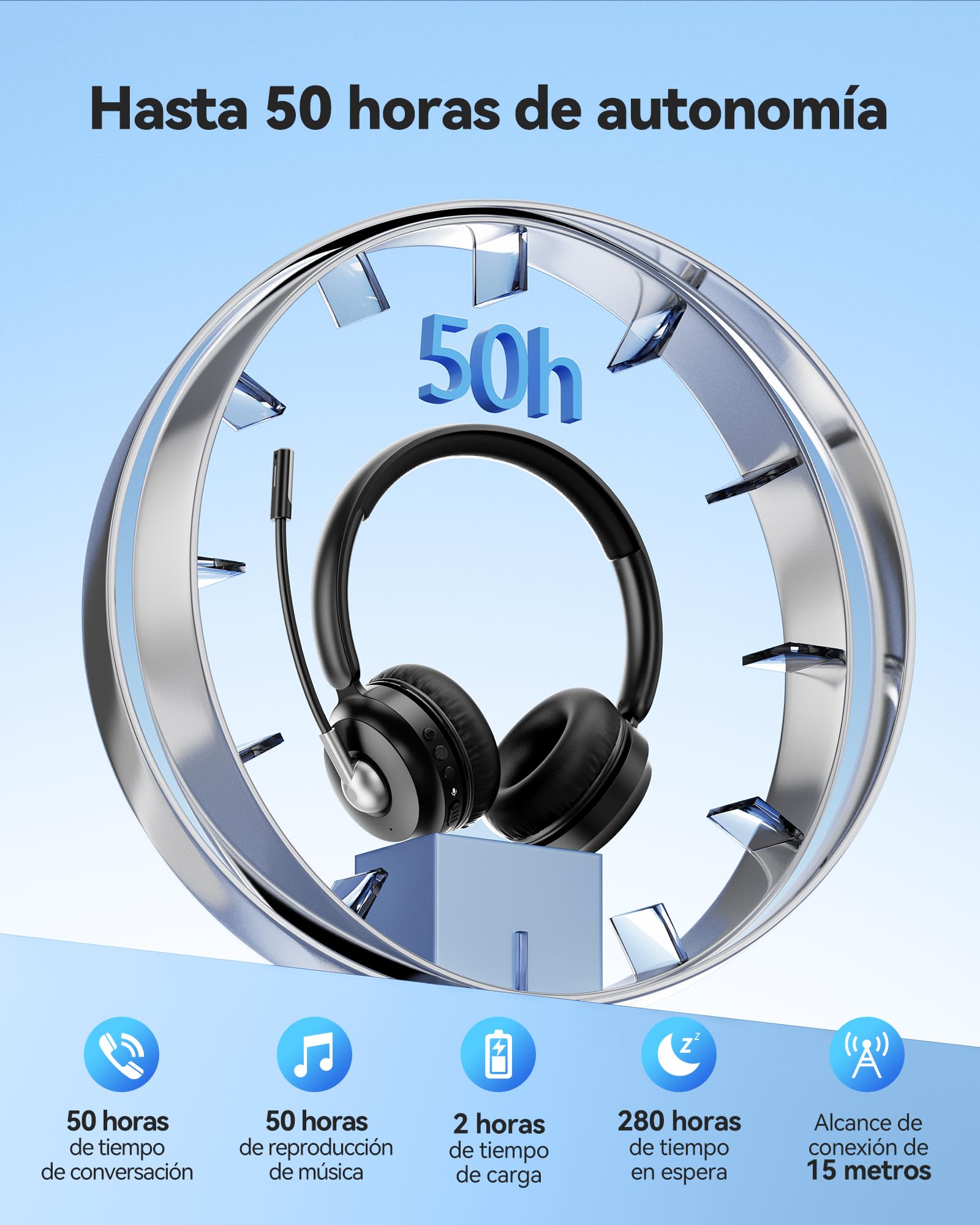 TECKNET V6.0 Cascos Inalámbricos Bluetooth con Doble Conexión, Auriculares con Micrófono,Cancelación de Ruido ENC, Botón de Silencio, hasta 50 Horas, för dator PC/Laptop/Mac