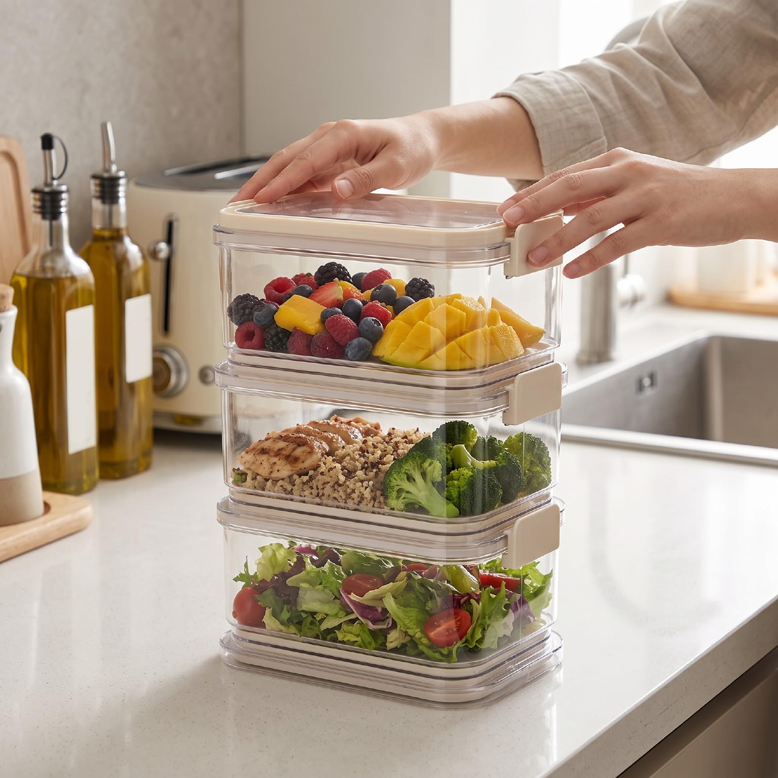 Contenedor de Alimentos de 3 Niveles, Recipiente Hermético