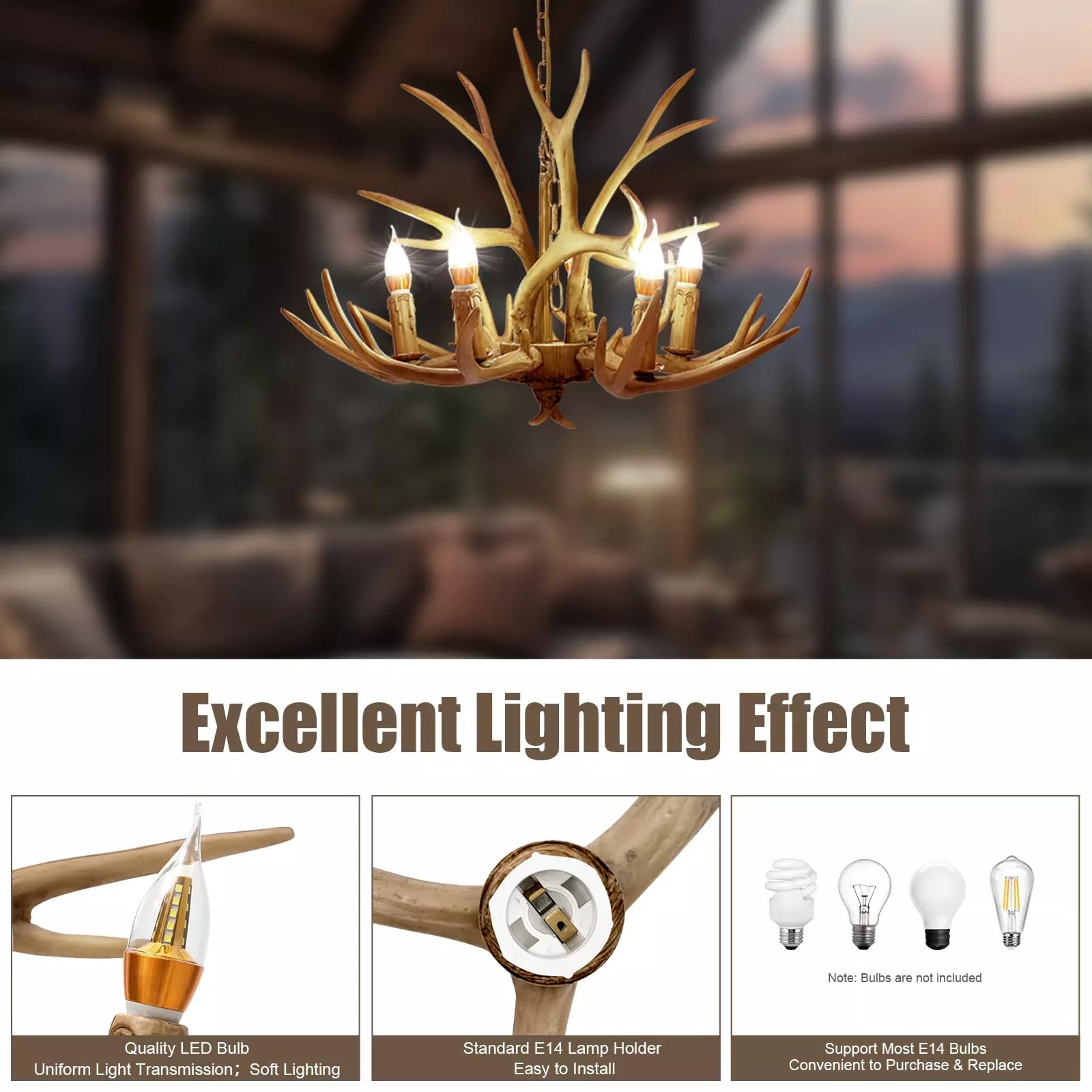 Lámpara de araña de cuernos retro, 6 cabezales, lámpara de cuernos E14, lámpara de techo decorativa para salón, bar, hotel