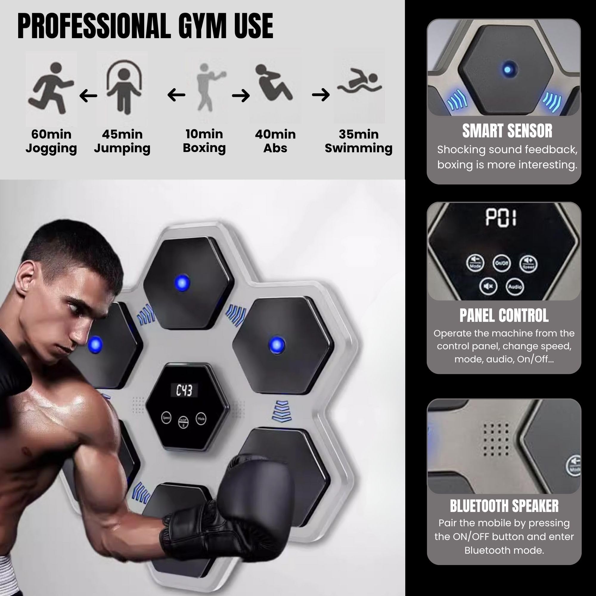 Macchina per l'allenamento di boxe musicale. Attrezzatura da boxe da parete con LED, guanti da boxe, Bluetooth e luci al ritmo della musica. Macchina da boxe per bambini/adulti. (9 modalità, 45 x 45