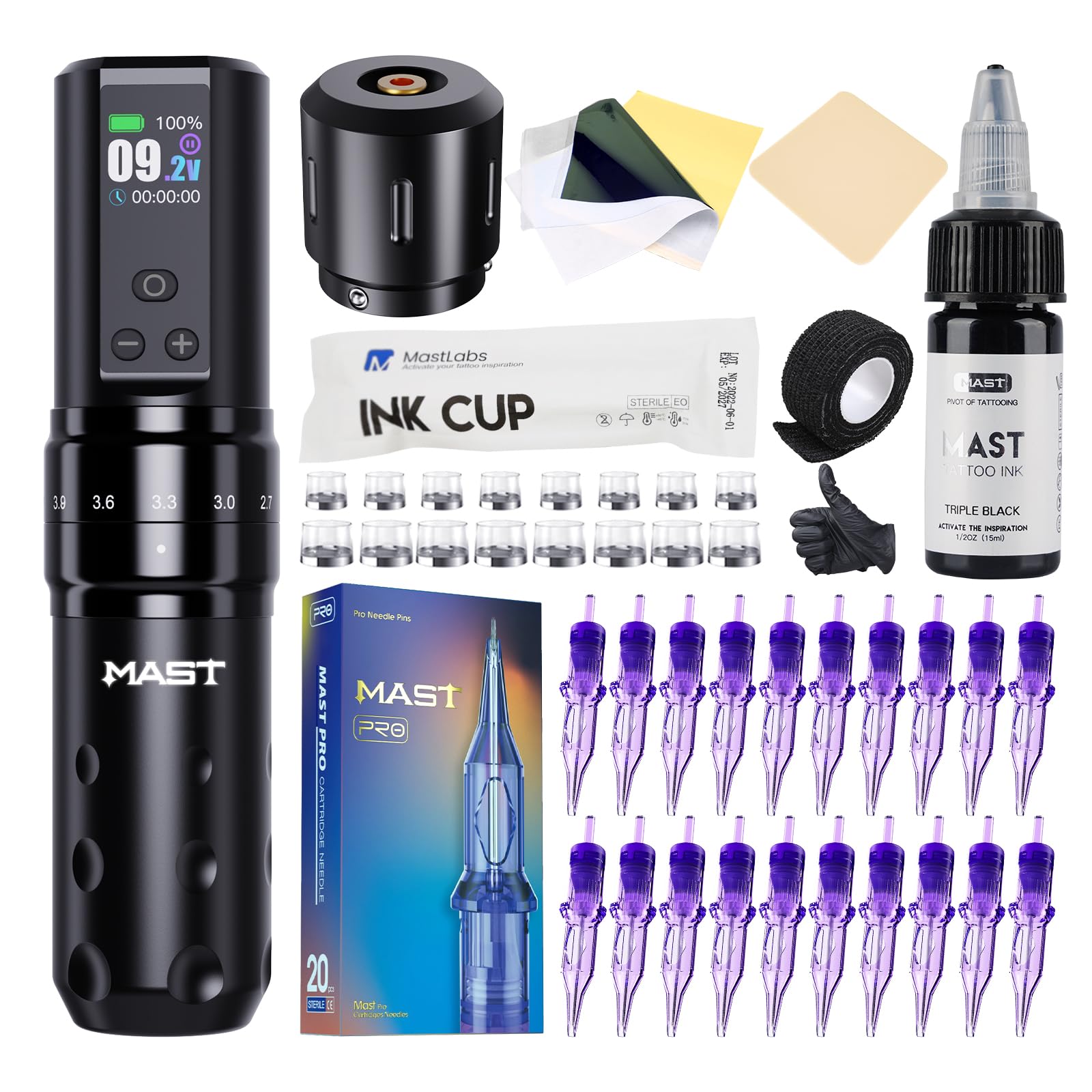 Mast Tattoo Gun Kit, Fold2 Pro Wireless Rotary Pen Machine, Motor by Mcore, 7 Strokes Length, Tattoo Needles Cartridges, Black Ink for Tattoo Aritsts