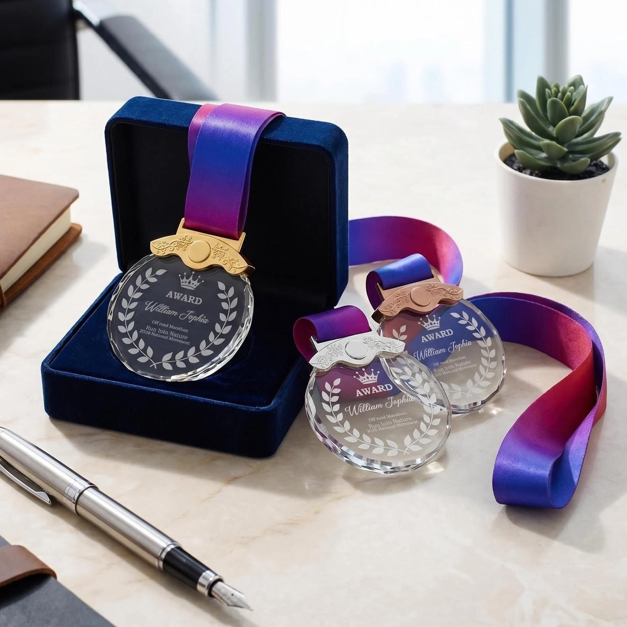 Médaille Personnalisée avec Texte Motif et Logo, Or, Argent, Bronze, Medaille Cristal Gravé pour Concours Scolaires, Compétitions, Cadeau d'entreprise pour Récompense Employé