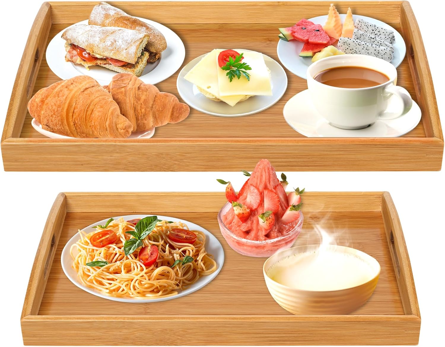 2 Pack Bamboo Serving Tray with Handles, Portable Bed Tray for Breakfast Dinner, Eating Trays for Living Room,Restaurants Curve Handle