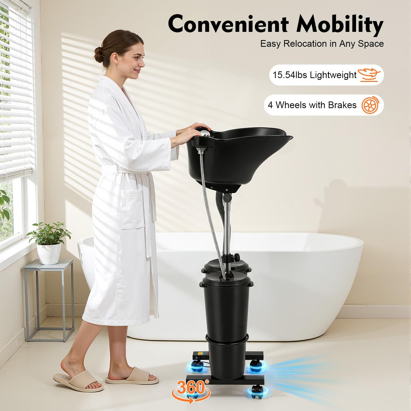 Mobiles Waschbecken Friseur Haarwaschbecken für Bettlägerige Friseur Waschbecken Höhenverstellbar mit elektrischer Pumpe und 2 Eimern, Tiefes Shampoo-Becken für Zuhause, Salon & Pflege