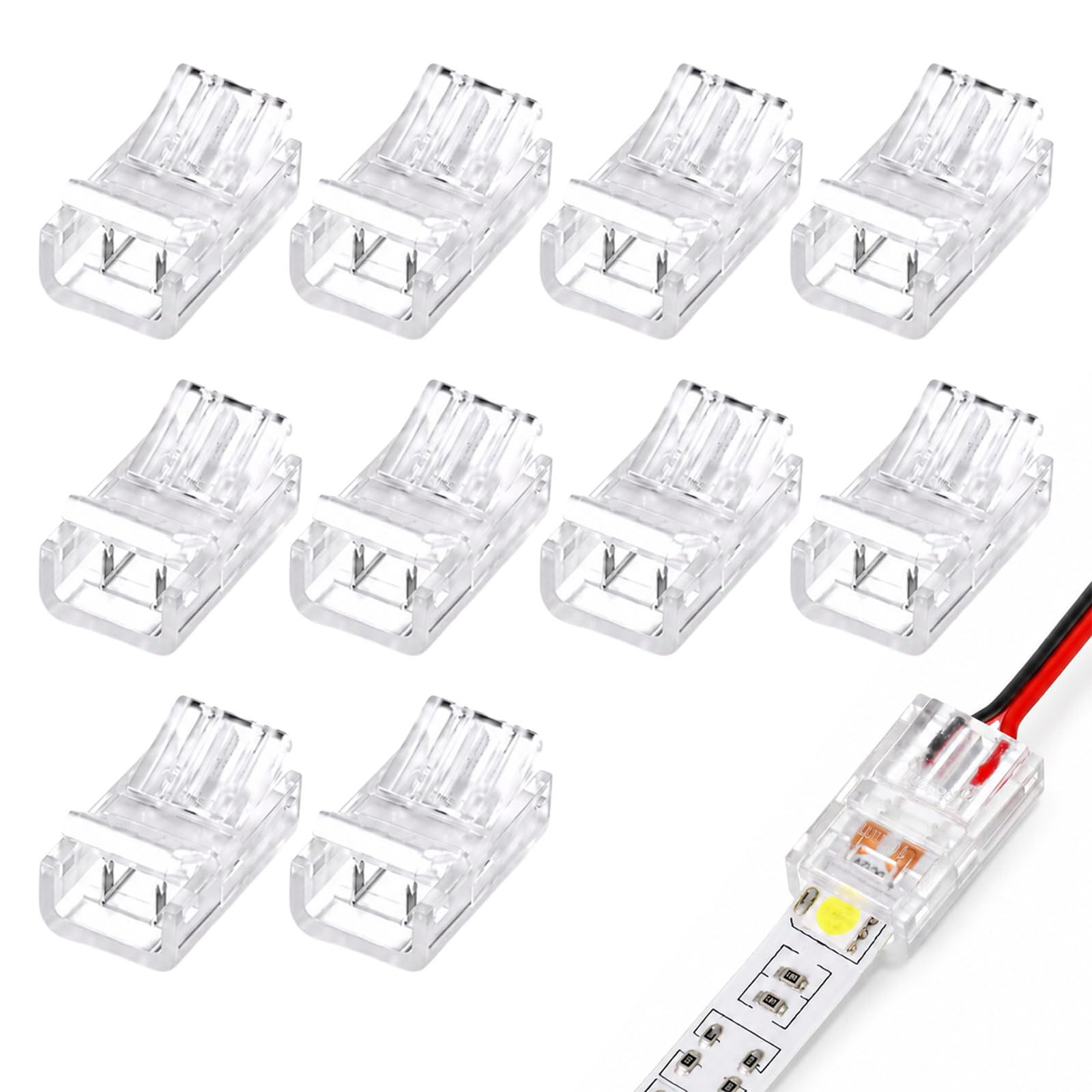 LKTFATD 10 Pcs 2 Pin COB LED Strip Connectors, 8mm Solderless Quick Connectors, Unwired Strip to Wire Adapters for 5V 12V 24V Waterproof COB LED Light Strips