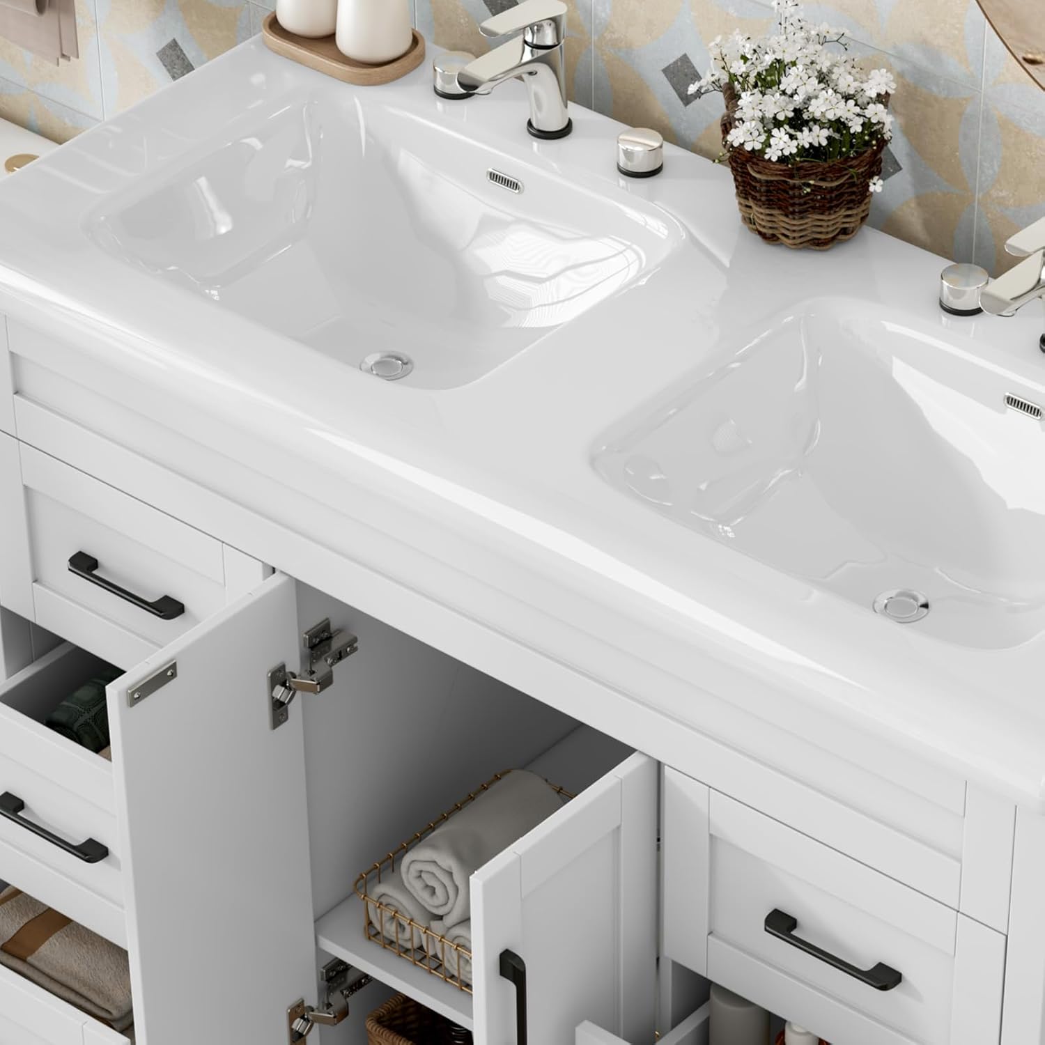 46.7 inch Bathroom Sink Vanity Combo, Large Freestanding Double Bath Vanity Sink Set with 1 Cabinets & 4 Drawers, Dual Basin Modern Bathroom Storage Cabinet, Modern White