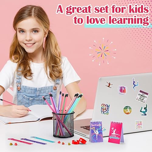 Miniatura 4 de Fulmoon Juego de 182 piezas de gimnasia, mini bloc de notas, calcomanías de gimnasia, lápices, marcapáginas, reglas, sacapuntas, borradores para