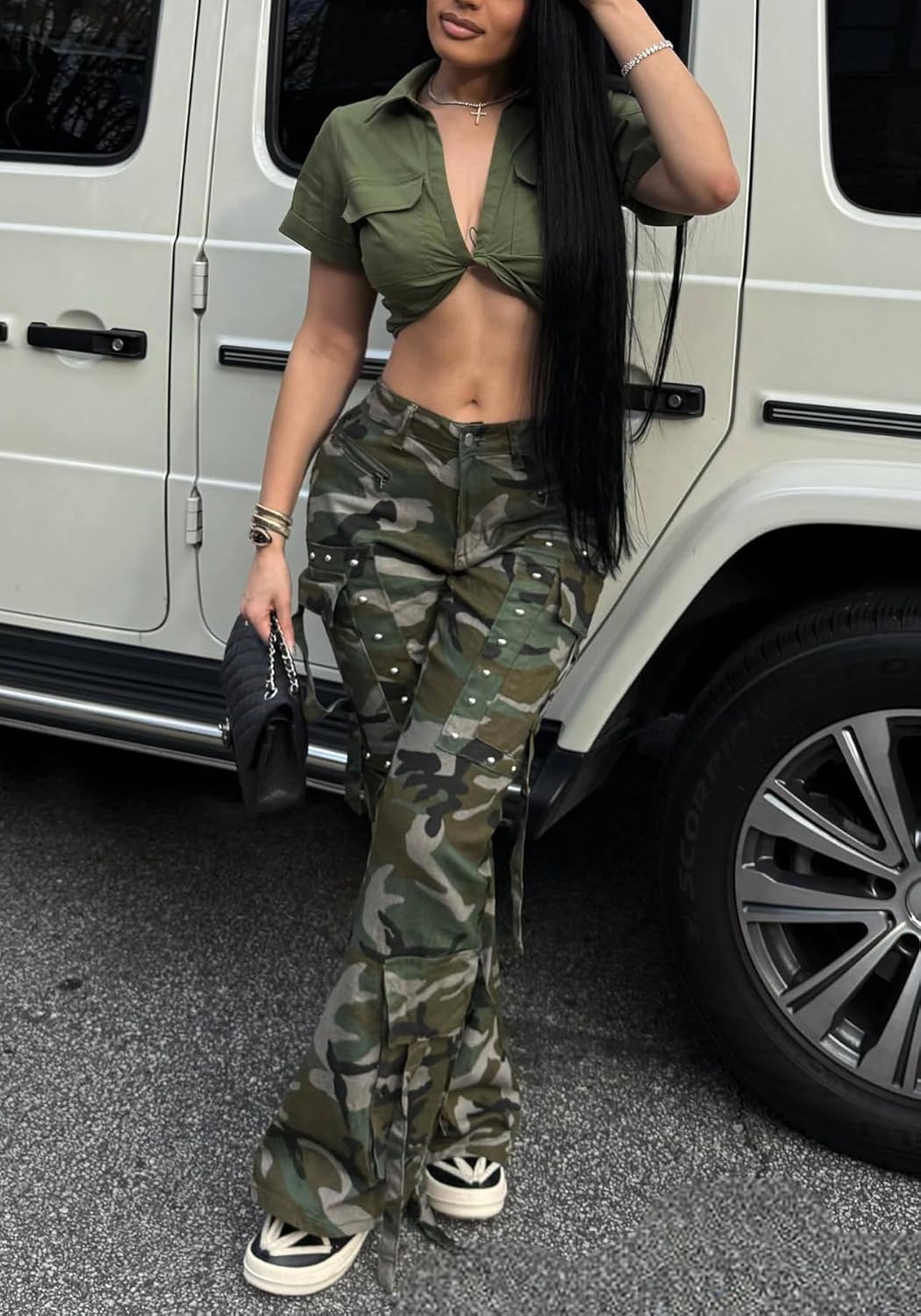 DINGANG Womens Bell Bottom Jeans High Waisted Camouflage Jeans Y2K Streetwear Camo Cargo Flare Denim Pants - Image 3