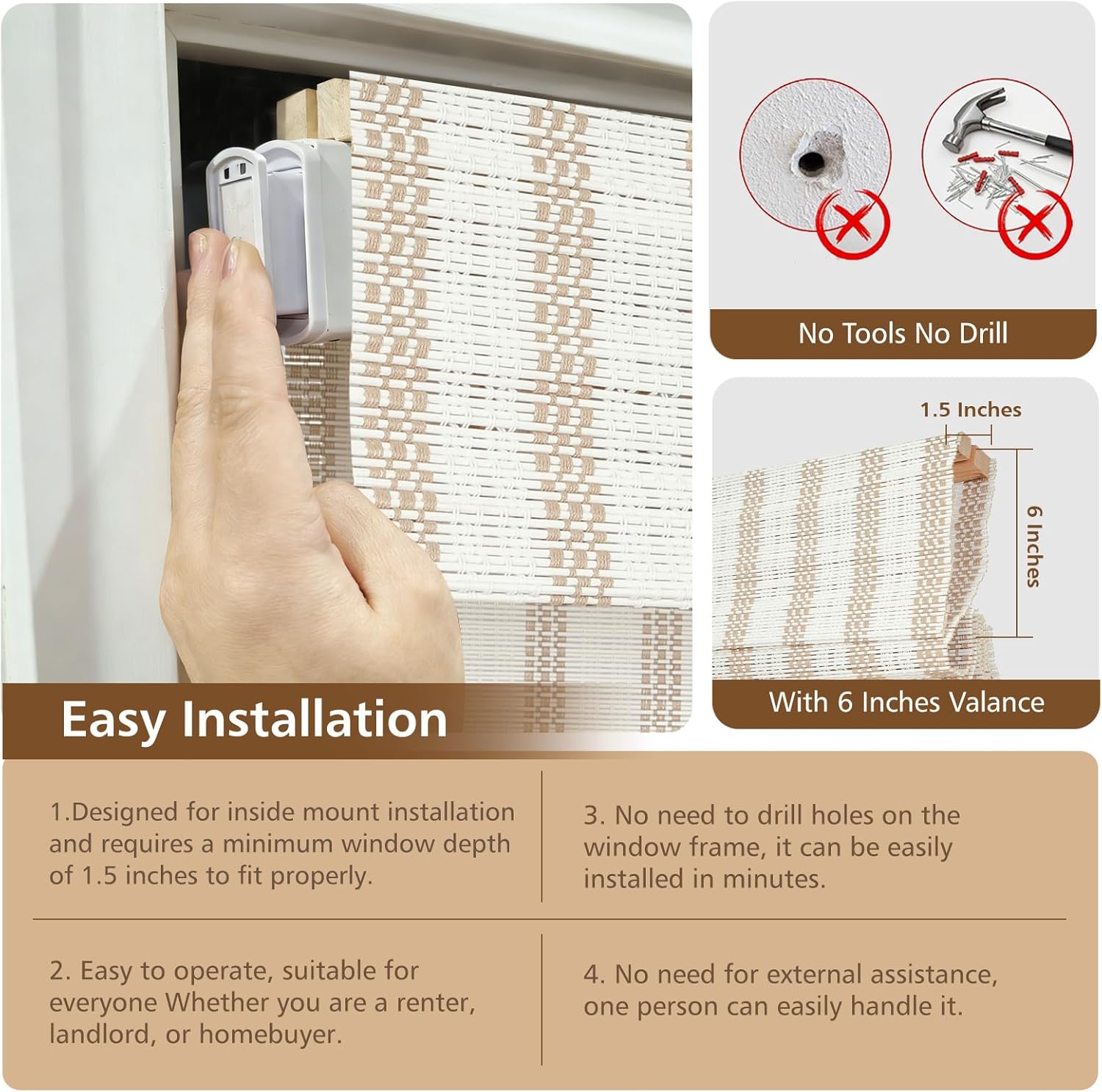 Sunbox Bamboo Roman Shades, No Drill Blinds for Small Windows, Light Filtering Window Treatments, Custom Cordless Bamboo Blinds for Indoor Windows, White & Natural Bamboo