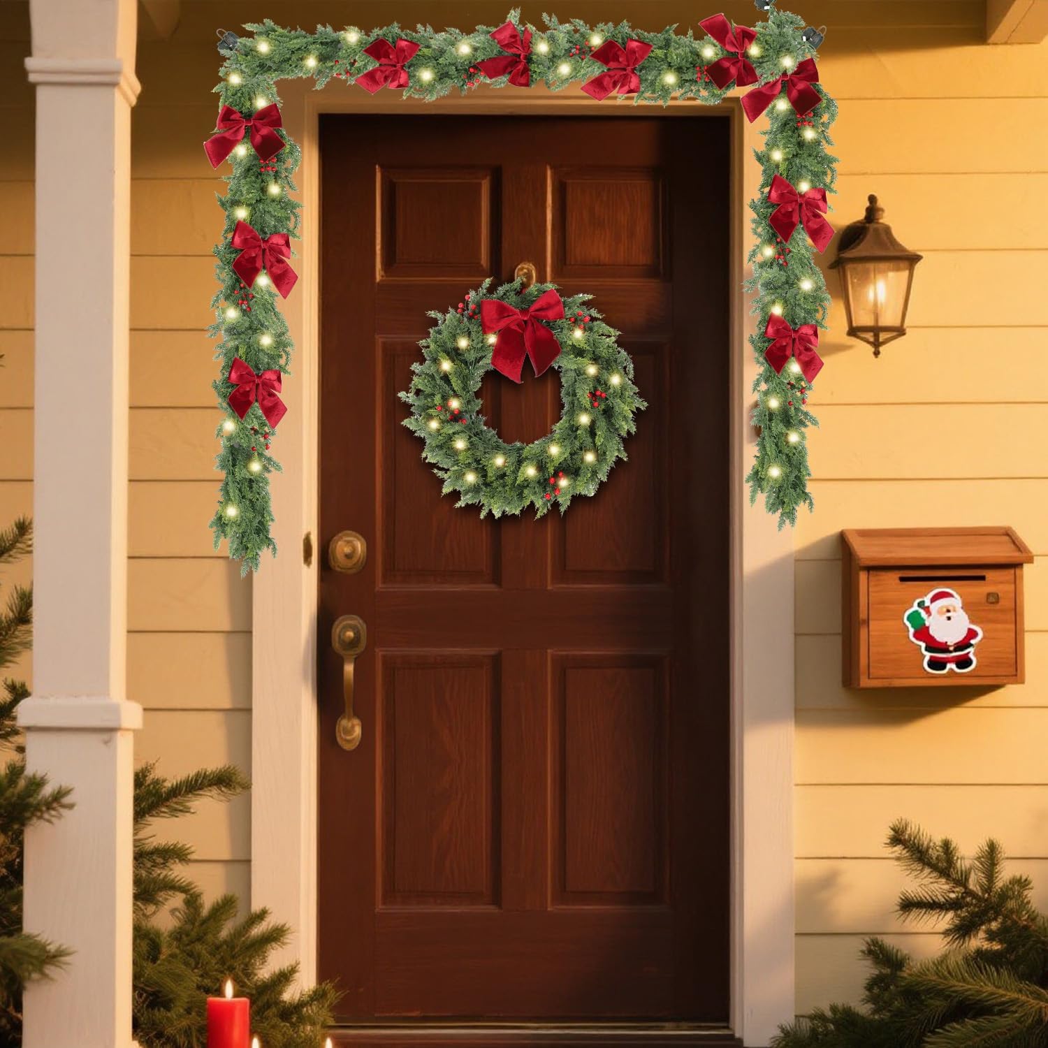 26 Inch Christmas Wreaths for Front Door with Lights,Lighted Cedar Door Wreath,Prelit Real Touch Artificial Green Winter Wreath with Large Burgundy Velvet Bow for Indoor Outdoor Decor