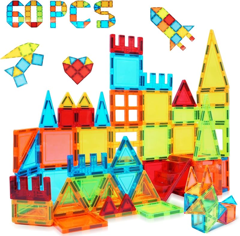 Magnetic Tiles, 60 PCS Magnetic Tiles Building Set, Educational STEM Magnets Tile Toys for Boys Kids Toddlers Ages 3 4 5 6 7 8 9+ Year Old