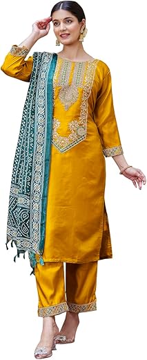 VredeVogel Kurta Set with Dupatta | Silk Blend Kurta Set for Women | Women's Ethnic Casual Kurti Set |Kurta Pant Festive Suit