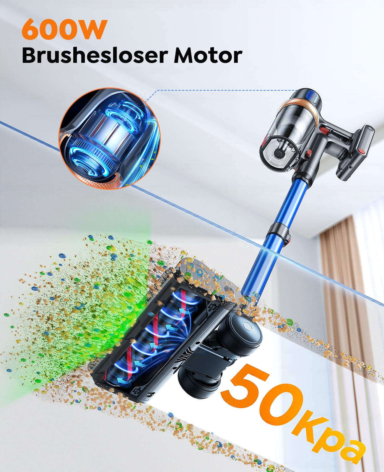 Akku Staubsauger 600W/50KPA/65Min,Selbststehender Staubsauger Kabellos mit Matratzenreinigungsbürste,Automatikmodus,Wandladestation,Duftfunktion,Mehrstufige Filtration für Teppiche/Hartböden/Auto