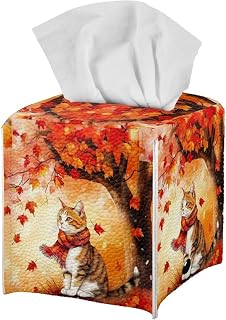 Tissue Box Cover, Maple Leaf Cat Print Tissue Box Case Square Facial Tissue Holder Storage for Bathroom Vanity, Countertops, Dressers, Night Stand, Car, Offices Fall Decorations