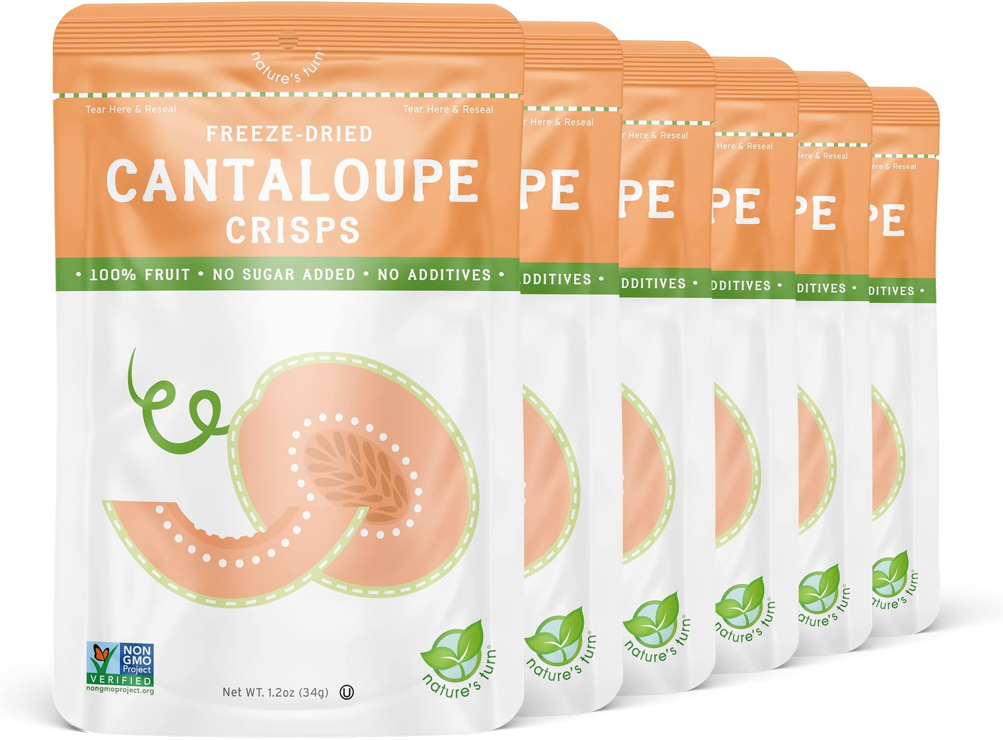 Nature's Turn Freeze-Dried Fruit Crisps – Healthy, Gluten-Free, Plant-Based, Crispy & Delicious Snack – Ideal for Cereal, & School On-the-Go Snacks – Cantaloupe, 6 Bags (1.2 oz Each)