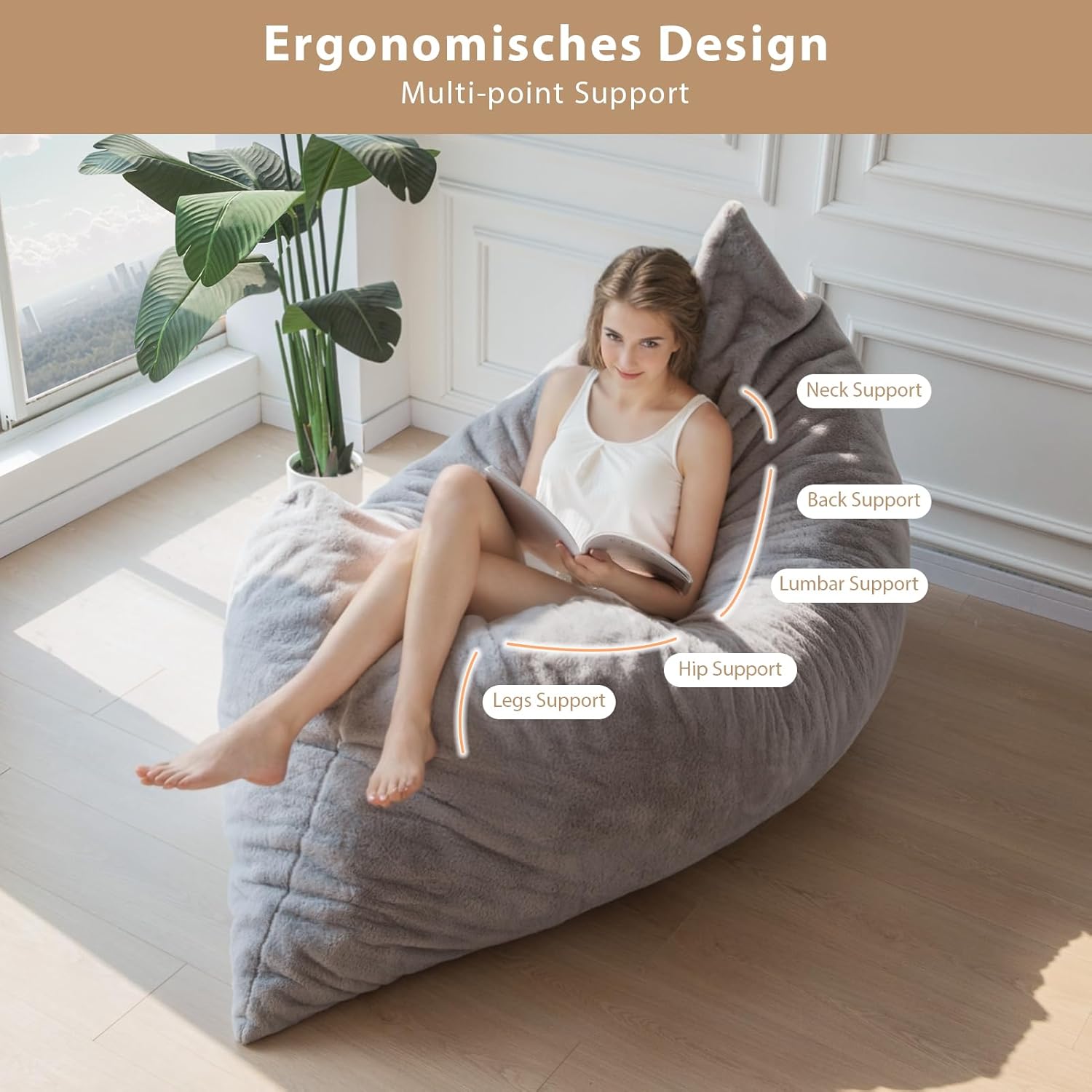 BYBYME 3 in 1 Bean Bag Chair, Convertible Chair Folds from Bean Bag to Lounger, High-Density Foam Filling, Faux Fur Big Sofa Bed, Giant Bean Bag Chair Bed for Adults - Image 3