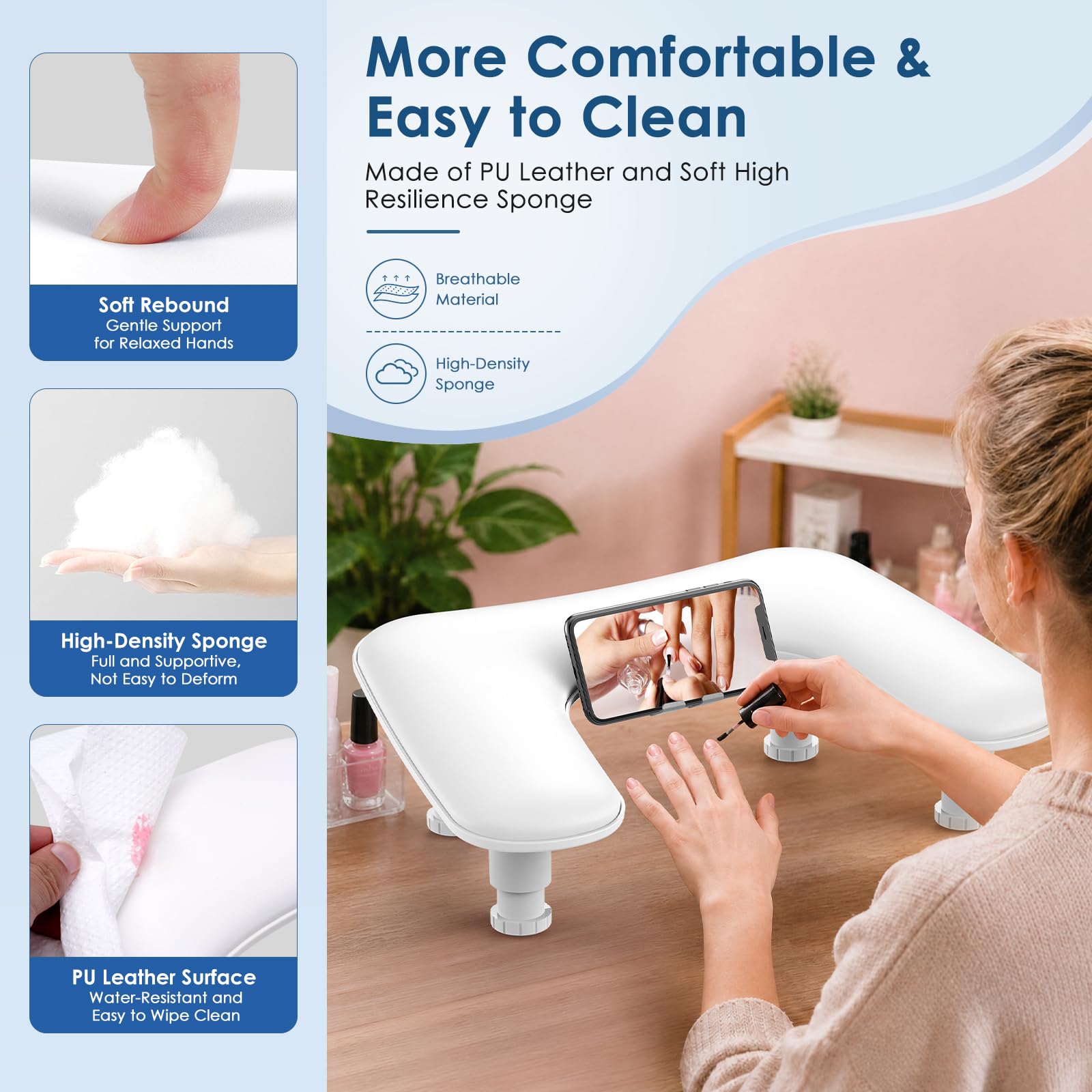 Reposa Manos para Manicura: Altura Ajustable Reposabrazos Manicura con Soporte Para Teléfono - Cómoda Funda de Piel Sintética PU Reposa Manos para Manicura para Hogar Salón - Blanco