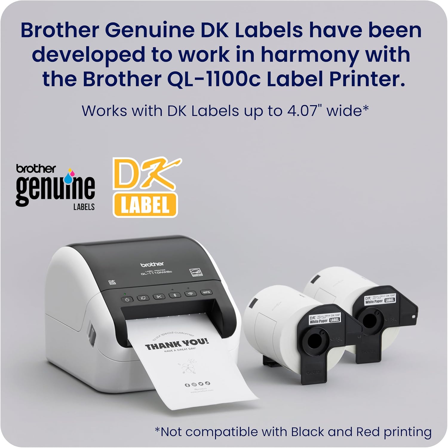 Brother QL-1110NWBC Bundle, Wireless Connectivity, Wide-Format Thermal Label Printer, Prints Postage and Barcodes, Bundle with 2 Rolls of Genuine DK-1247 4.07” x 6.4” Die-Cut Shipping Labels