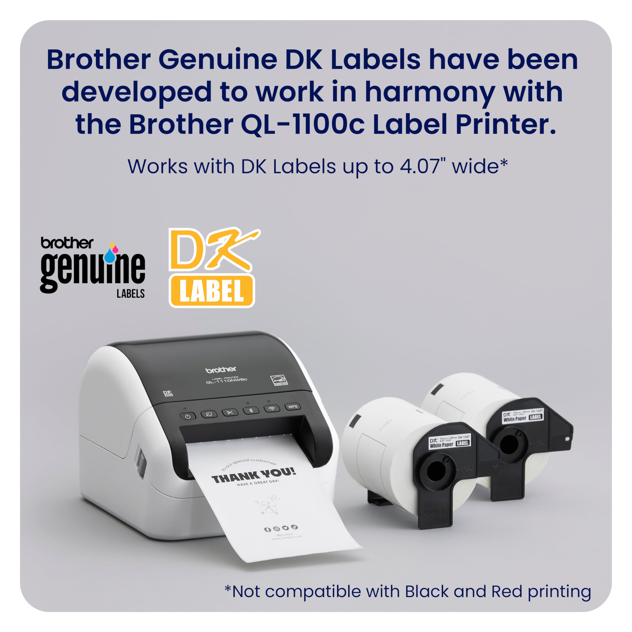 Brother Pacchetto QL-1110NWBC, connettività wireless, stampante termica per etichette ad ampio formato, stampa affrancatura e codici a barre, oltre a 2 rotoli di nastri per etichette DK originali DK