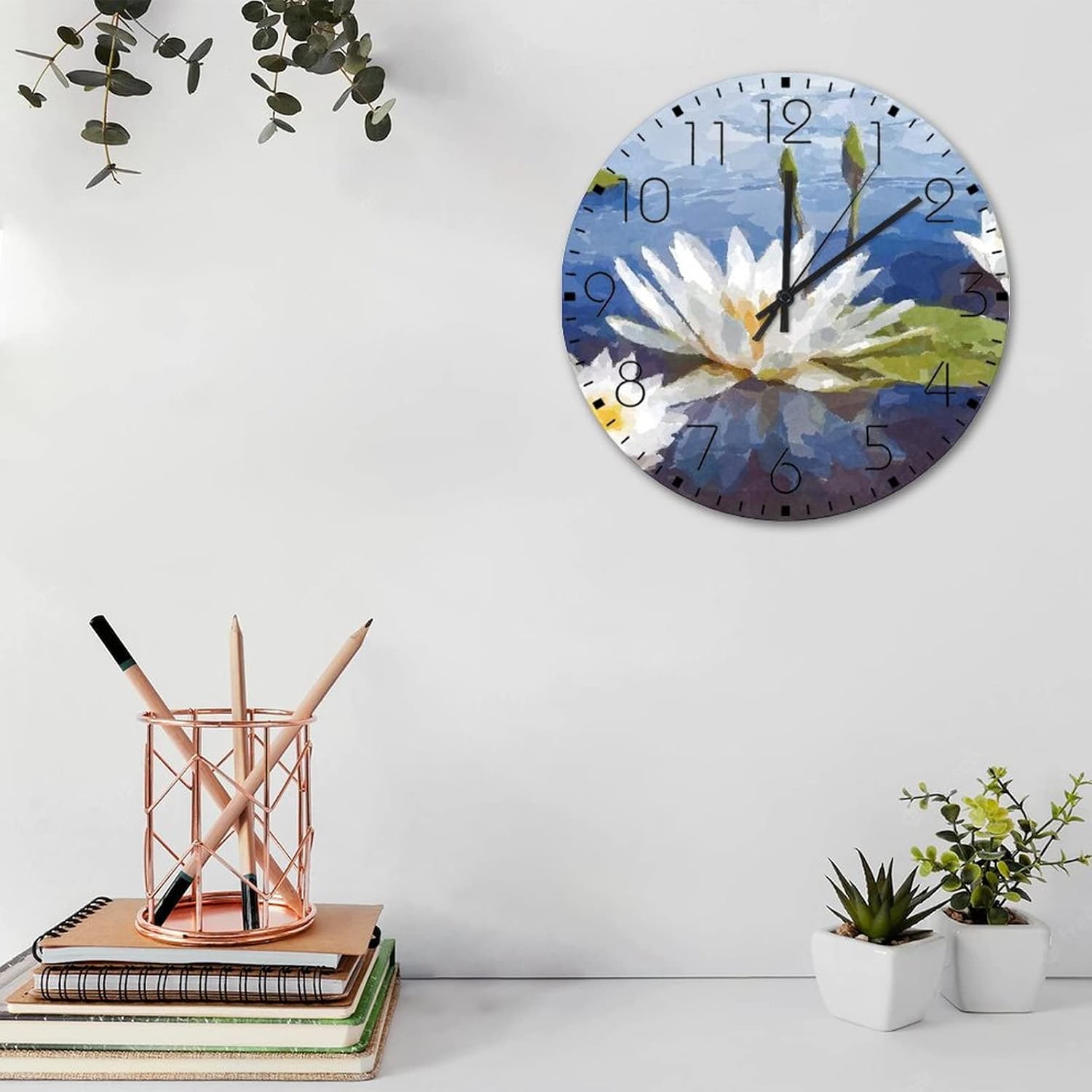 Silent Wall Clock Battery Operated Non Ticking White Lotus' Flower Modern Wall Clocks Abstract Floral Picture Artworks Wall Decor for Warehouse Bathroom Garden 12 Inch