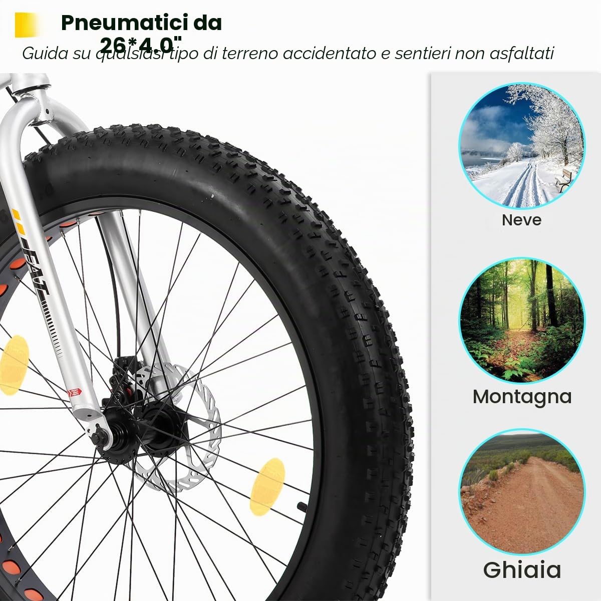 HILAND Fat Bike Bambini 24/26 Pollici, Mountain Bike 7 Velocità, Doppio Freno a Disco, per Ragazzi e Adulti, Bici per la Spiaggia e la Città, Blu/Argento/Bianco/Verde