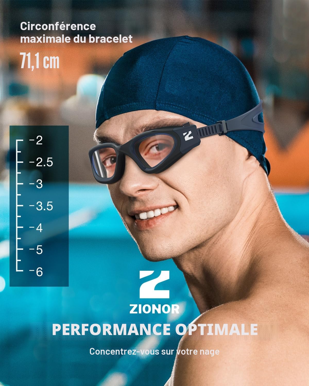 ZIONOR G1MS Lunettes de natation optiques, anti-fuite et anti-buée, verres correcteurs professionnels, avec correction visuelle/dioptrie, protection UV pour hommes et femmes, pour le plein air