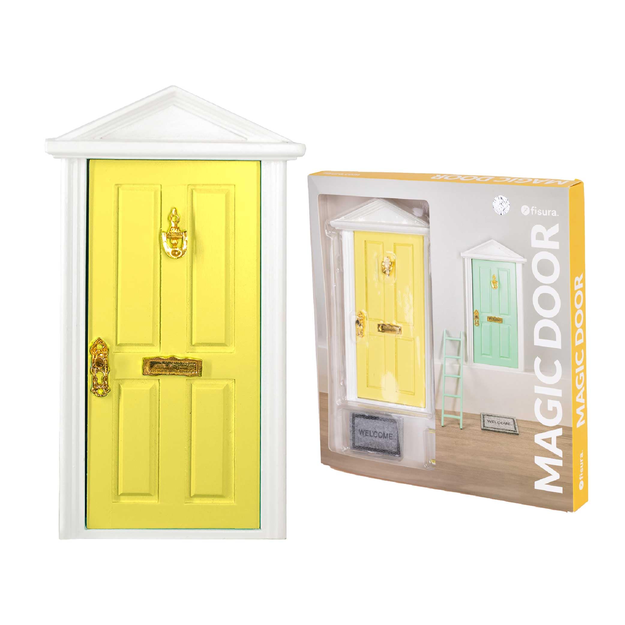 Fisura  Ratoncito Prez door that opens with ladder, doormat, sticker, and clean teeth certificate. Original gift for boys and girls. Yellow. Dimensions: 3.35 x 0.98 inches.