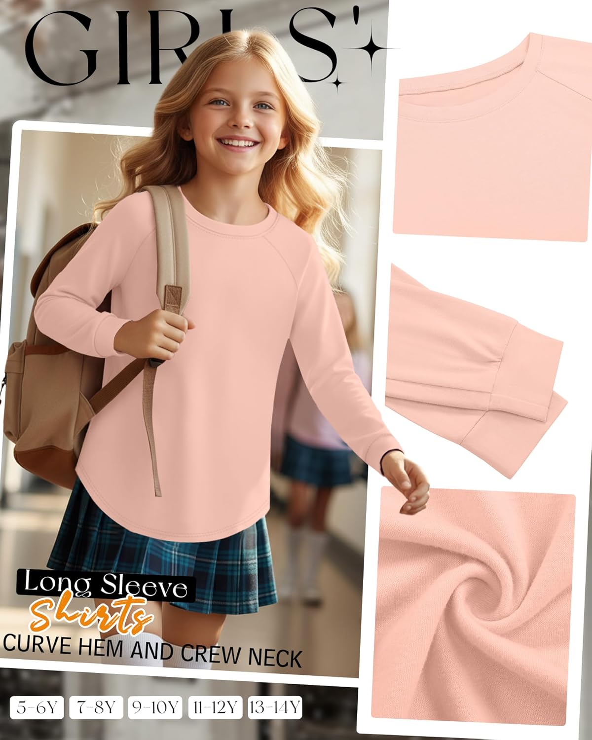 5 Pack Girls' Long Sleeve Shirts Curve Hem Crewneck Tops Raglan Loose Fit Casual Kids Basic Tees Fall - Image 2