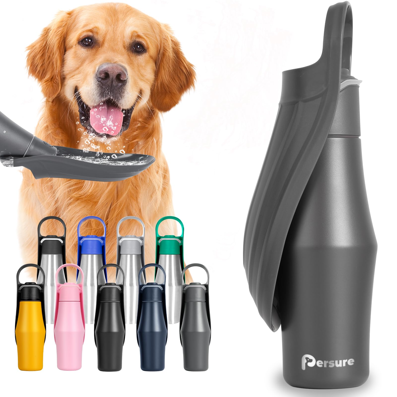 Persure 27 OZ Dog Water Bottle Portable Stainless Steel Convenient Pet Water Dispenser, Leak Proof Puppy Travel Water Bowl for Dog Outdoor Walking, Hiking, Perfect Size for All Dog Breeds, Whole Grey