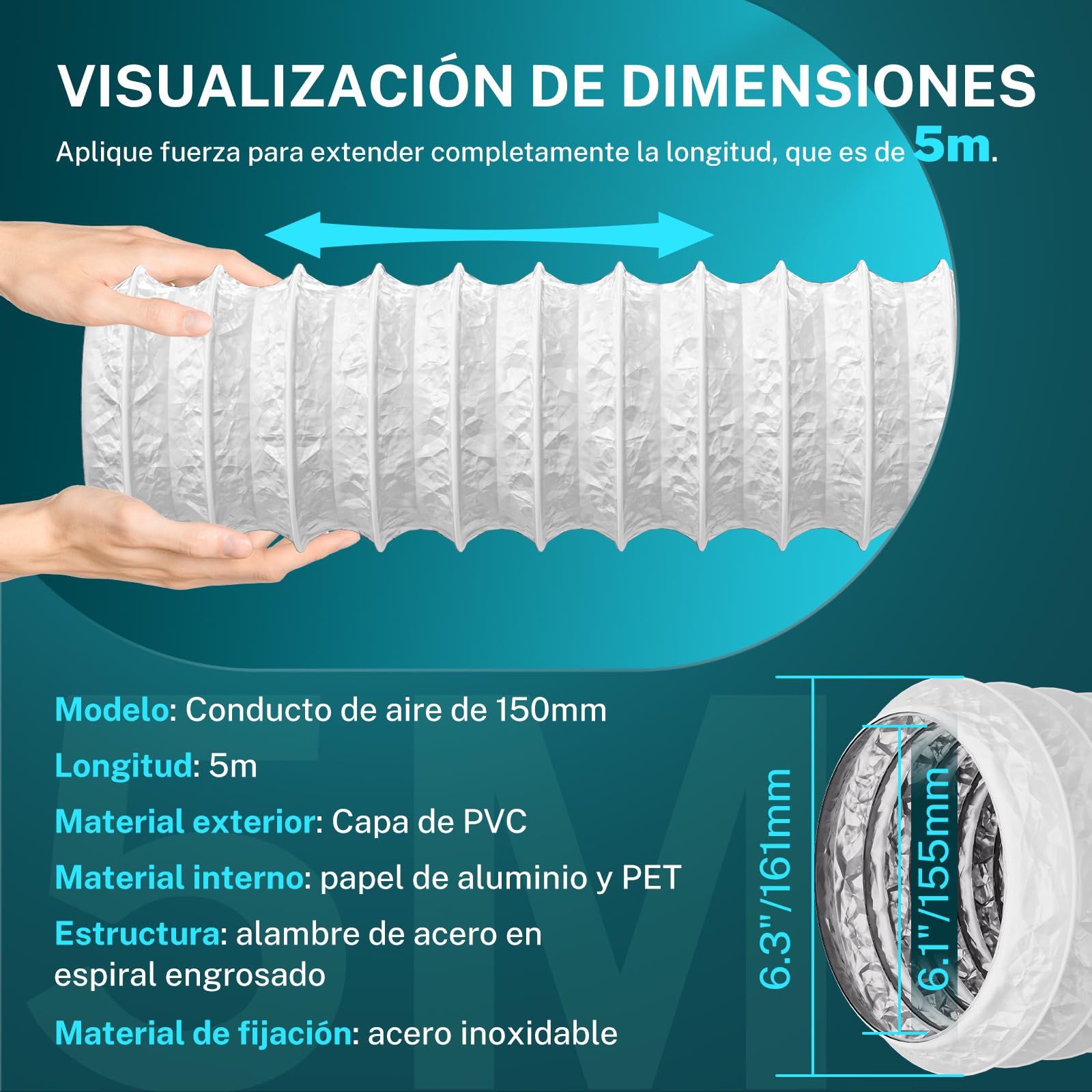HG Power Manguera de Ventilación 150 mm, 5 m Manguera de Escape de Aluminio, PVC Conductos de Ventilación para Extractores, Climatizadores, Secadoras, Campanas Extractoras, Blanco