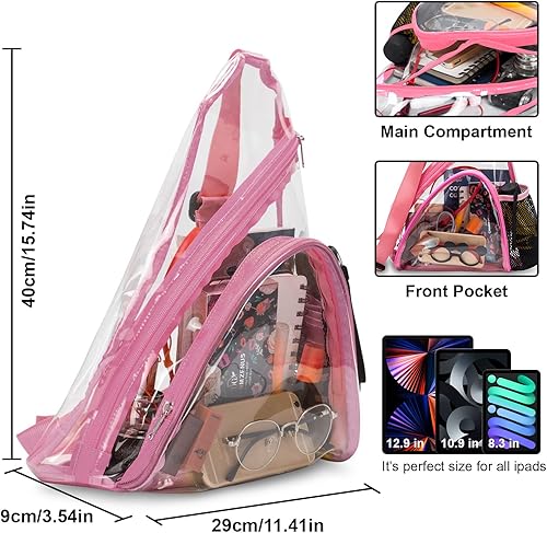 Miniatura 3 de Bolso bandolera transparente mochila cruzada de PVC aprobada por el estadio mochila informal transparente para senderismo viajes conciertos Rosado
