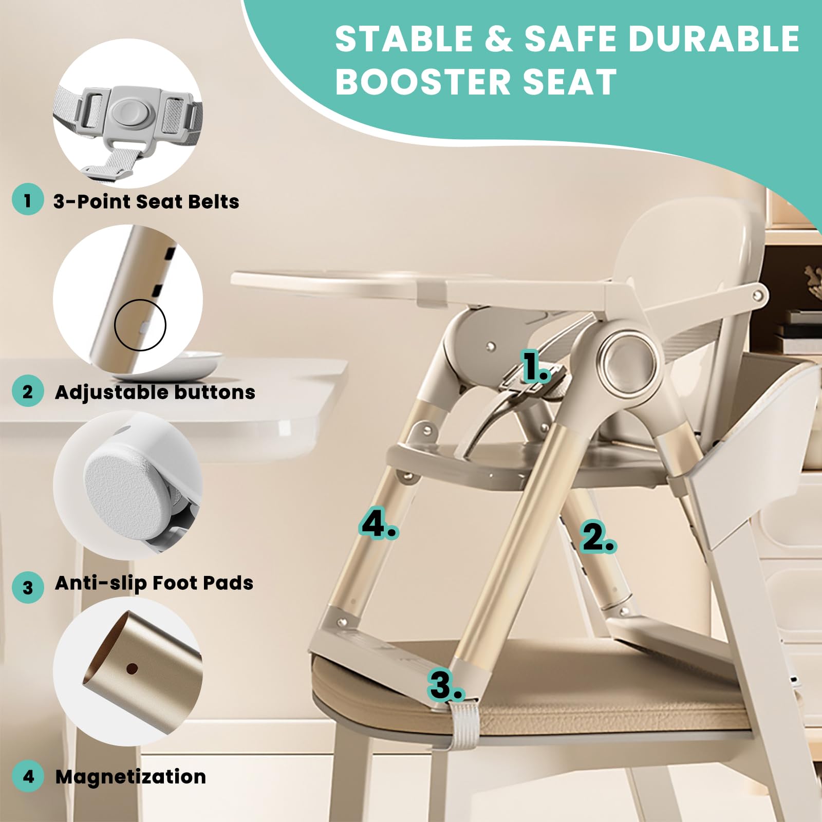 UBRAVOO 3-in-1 Kindersitzerhöhung Esszimmerstuhl, Verstellbarer, Faltbarer Hochstuhl mit Doppelteller, Umbaubarer Hochstuhl für Babys ab 6 Monaten mit Ess- und Spielfunktion (Beige)
