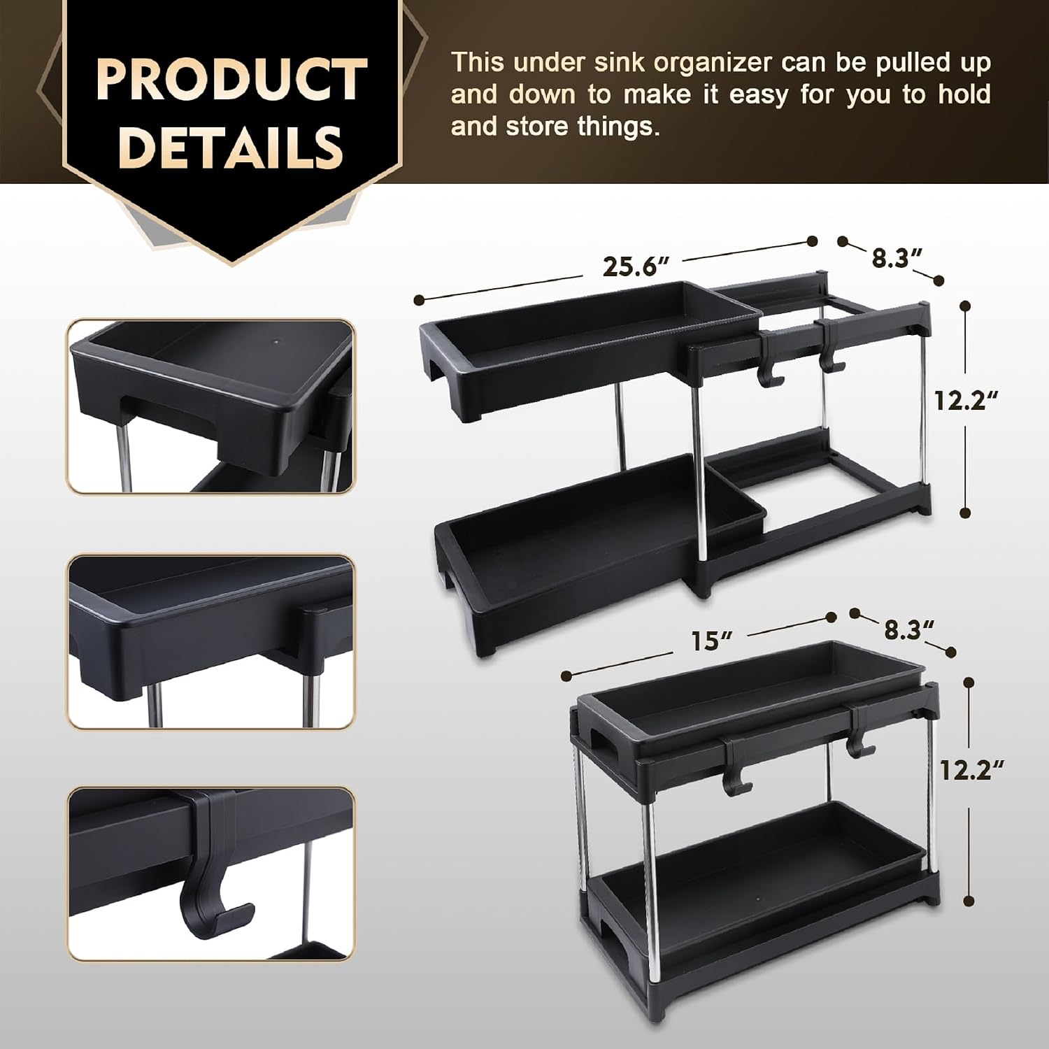 2-Tier Under Sink Organizer with Pull-Out Drawers, Black, Cabinet Storage Rack with 2 Hooks