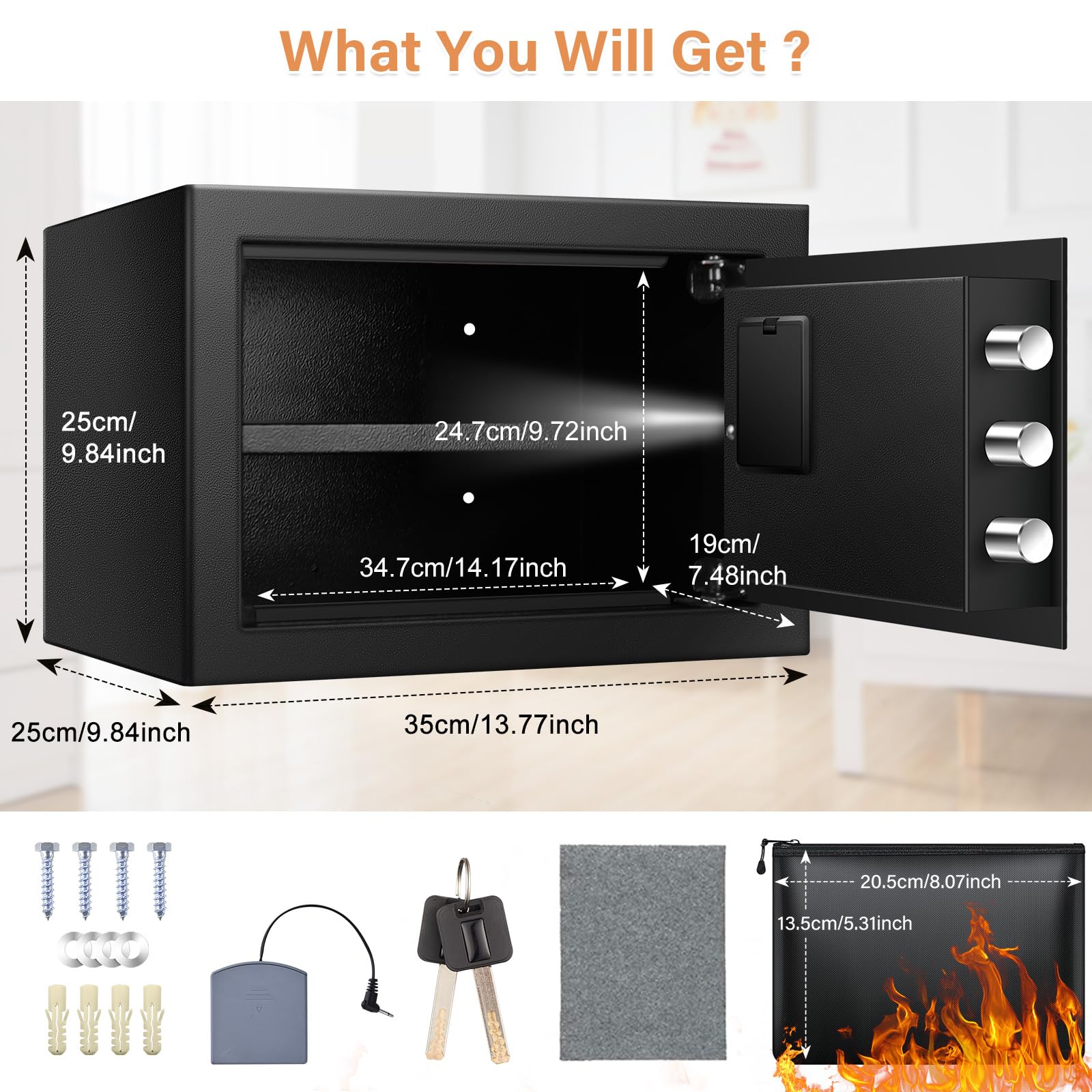 Mejasg Caja fuerte resistente al fuego con resistente al fuego, impermeable, 25 l, pequeña con estante extraíble y compartimento externo para pilas, caja fuerte de pared, caja fuerte para guardar