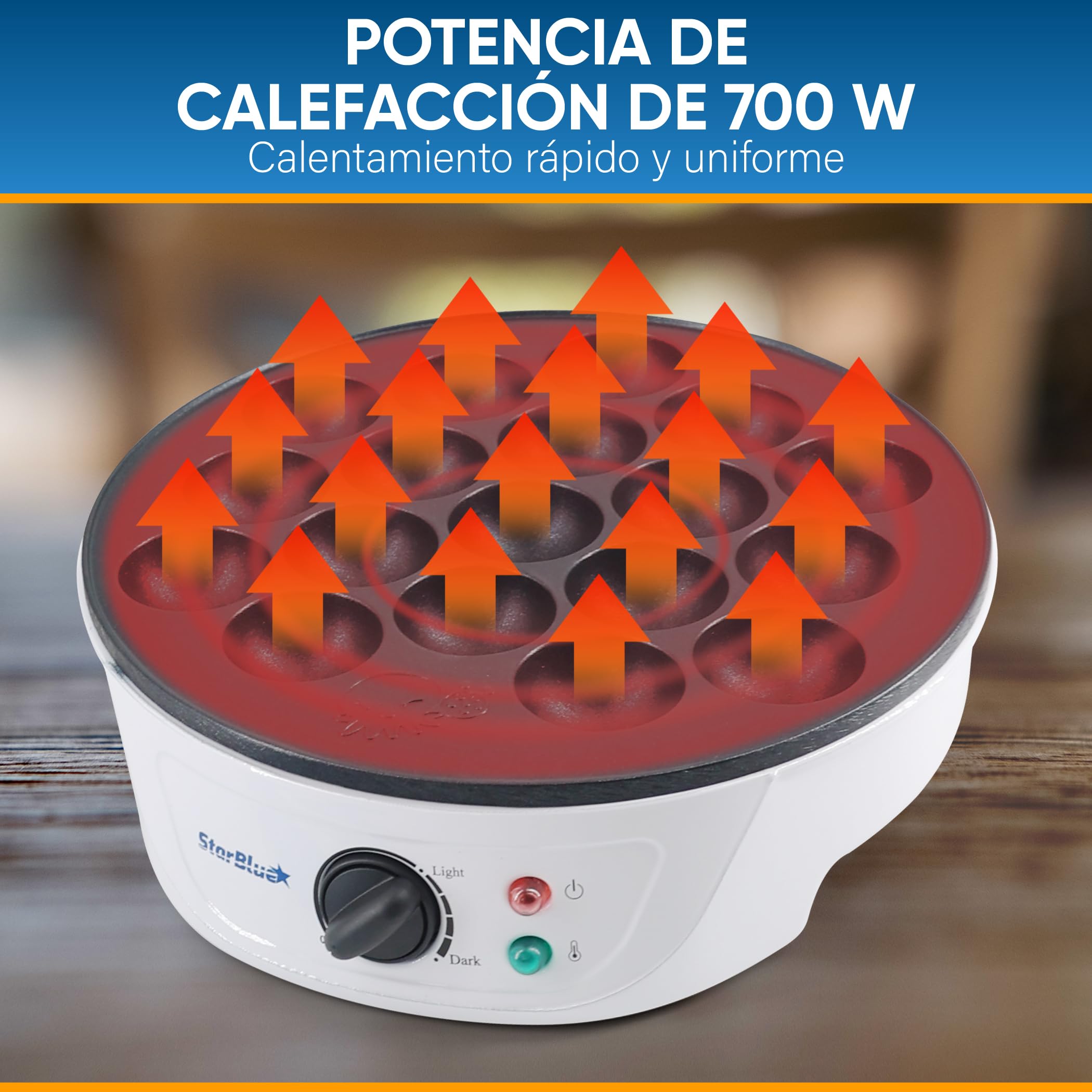 StarBlue Takoyaki Maker Machine Machine with Free Takoyaki Picks - Control de temperatura de 18 agujeros, 220 V, 60 Hz, 700 W, Enchufe del Reino Unido Y Adaptador Europeo