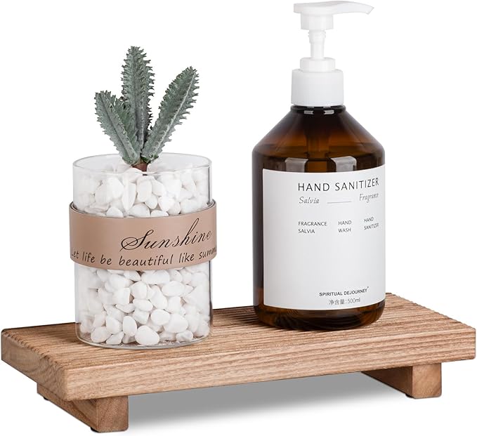 Bathroom Tray Farmhouse Decor Pedestal Stand Wood Riser Display Kitchen Accessories Soap Holder for Sink, Counter, Vanity,10 * 4.5 Brown