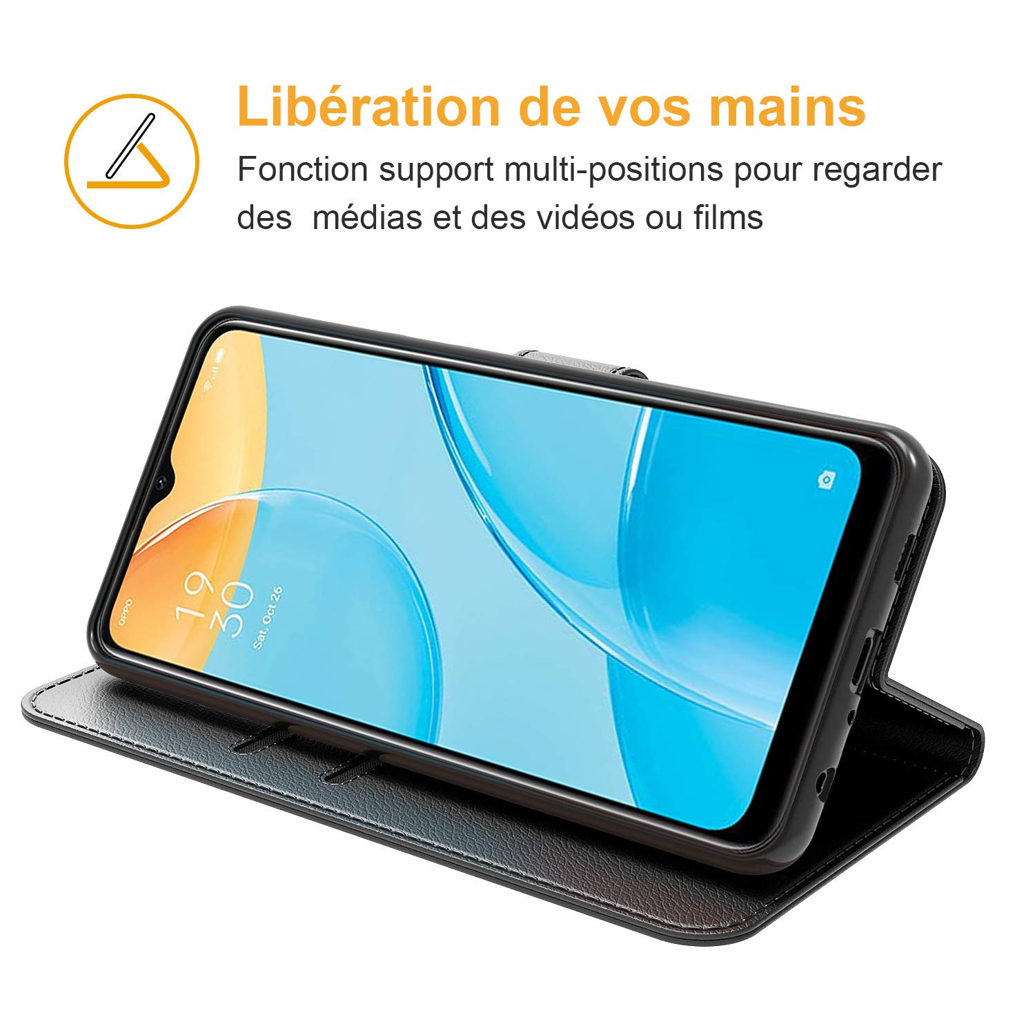 Custodia Portafoglio In Pelle PU Per Oppo A15 Con Chiusura Magnetica, Supporto Per Video, Slot Per Carte, Fodera In Microfibra, Colore Nero