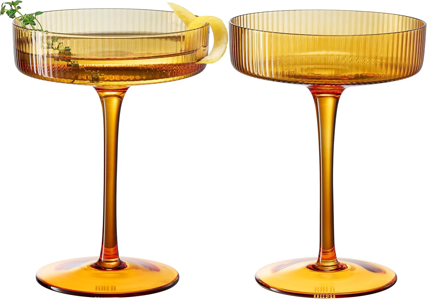 Khen Ribbed Vintage Art Deco Coupe Glasses - Martini, Champagne & Cocktail Ribbed Glasses 8oz | Cute Crystal Glassware Sets - Goblet Stemmed Ripple Glassware, Housewarming Glass Gifts, Amber, 2 Pieces