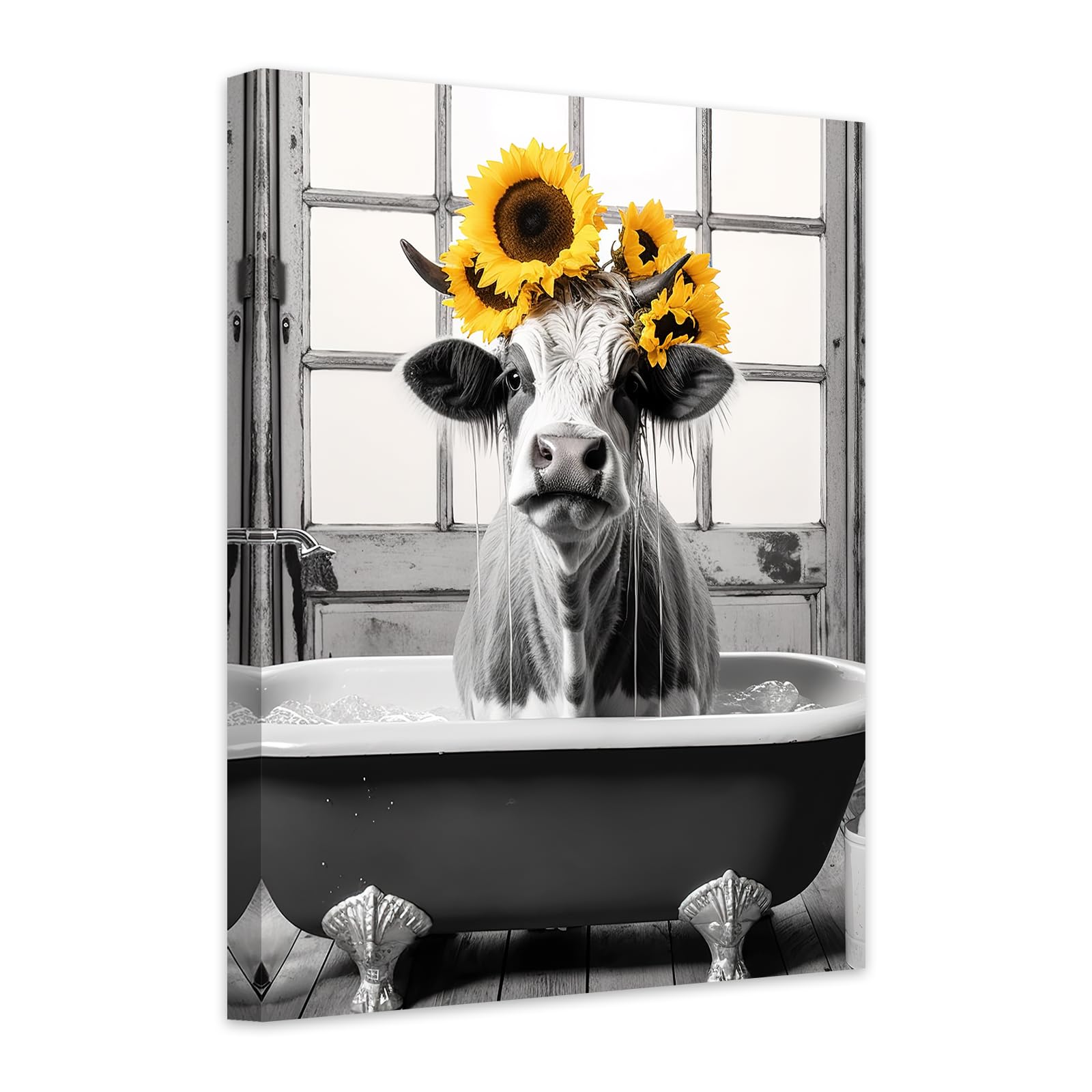 CCWACPP Black and White Bathroom Wall Art Cow and Sunflower In Bathtub Canvas Pictures Funny Animal Poster Painting for Home Decor (30x45cm) — image 1