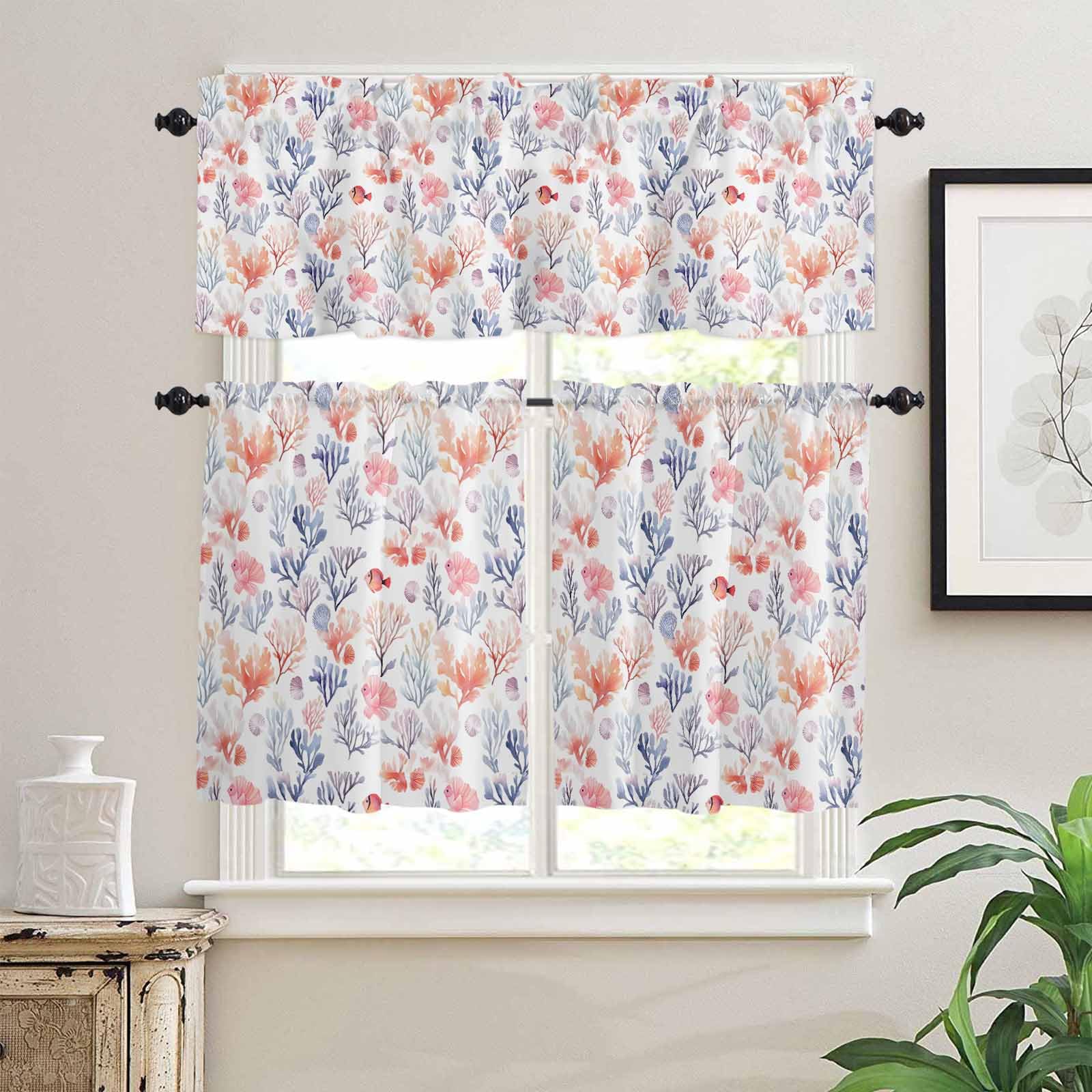 Coastal Coral Kitchen Curtains 36 Inch Length, 3 Piece Rod Pocket Small Half Tiers and Valance Set, Summer Colorful Nautical Ocean Fish Small Large Window Treatment Decor for Bedroom/Bathroom Sink