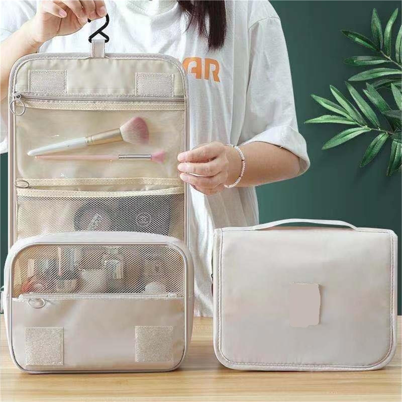 1 pz borsa da toilette appesa for viaggi d'affari portatile for il trucco for la cura della pelle di grande Per Viaggi(Beige)