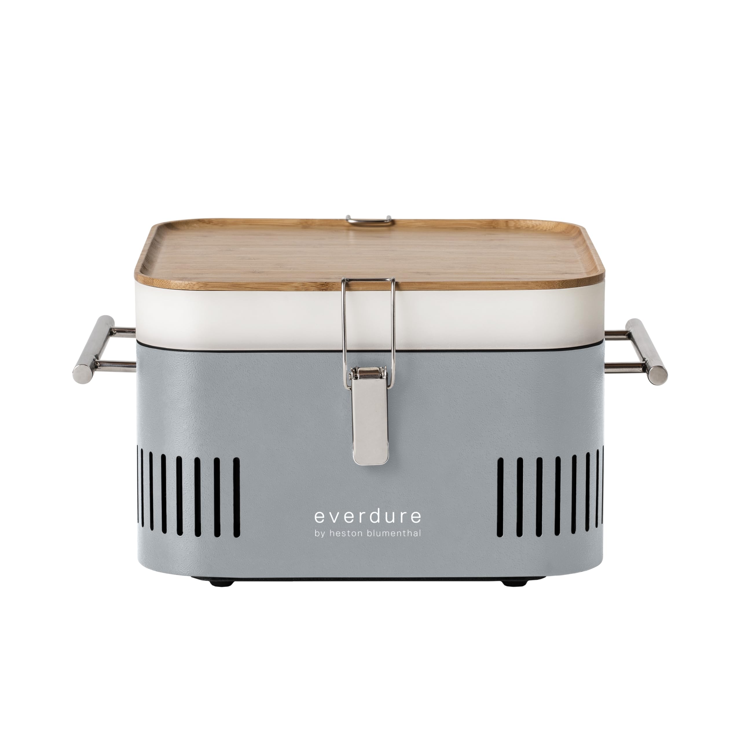 Everdure by Heston Blumenthal Cube Portable Charcoal BBQ Grill – Compact Travel Barbecue with Bamboo Tray, Chrome Rack, Porcelain Enamel Firebox & Cool Touch Handles – Outdoor Camping BBQ in Stone