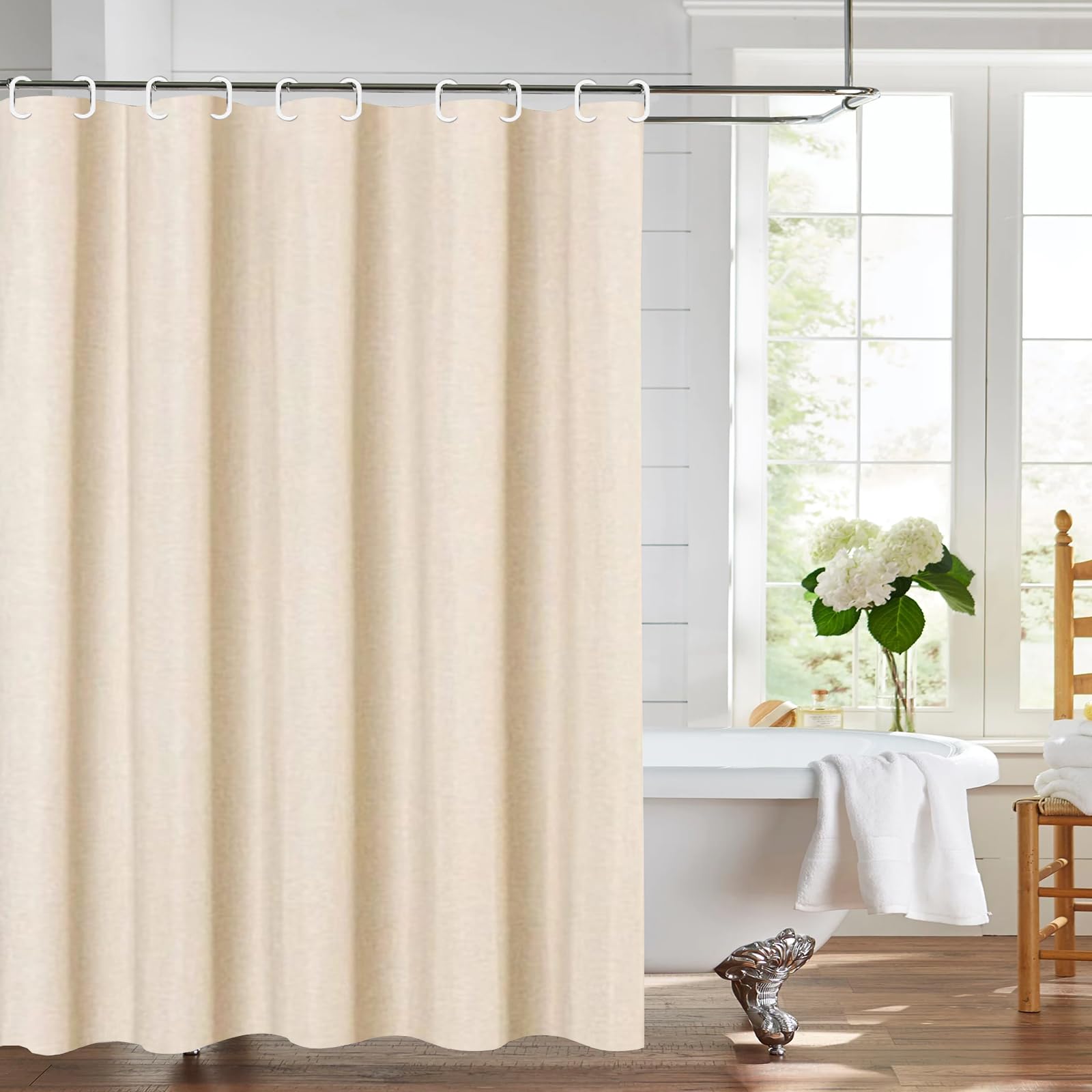 Cortina de ducha de 180 x 200 cm, cortina de ducha de tela con textura de lino, resistente al agua, cortina de ducha de tela con 12 anillas, cortina de baño textil antimoho, lavable, cortina