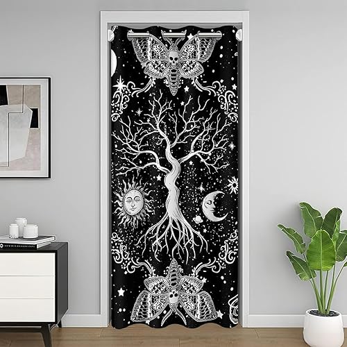Erosebridal Sun Moon Doorway Curtain, Tree of Life Door Curtain Gothic Moth Blackout Curtain Sugar Skull Trippy Glitter Stars Door Drape, Bohemian Constellations Bedroom Decor 1 Panel, 42" W X 80" L
