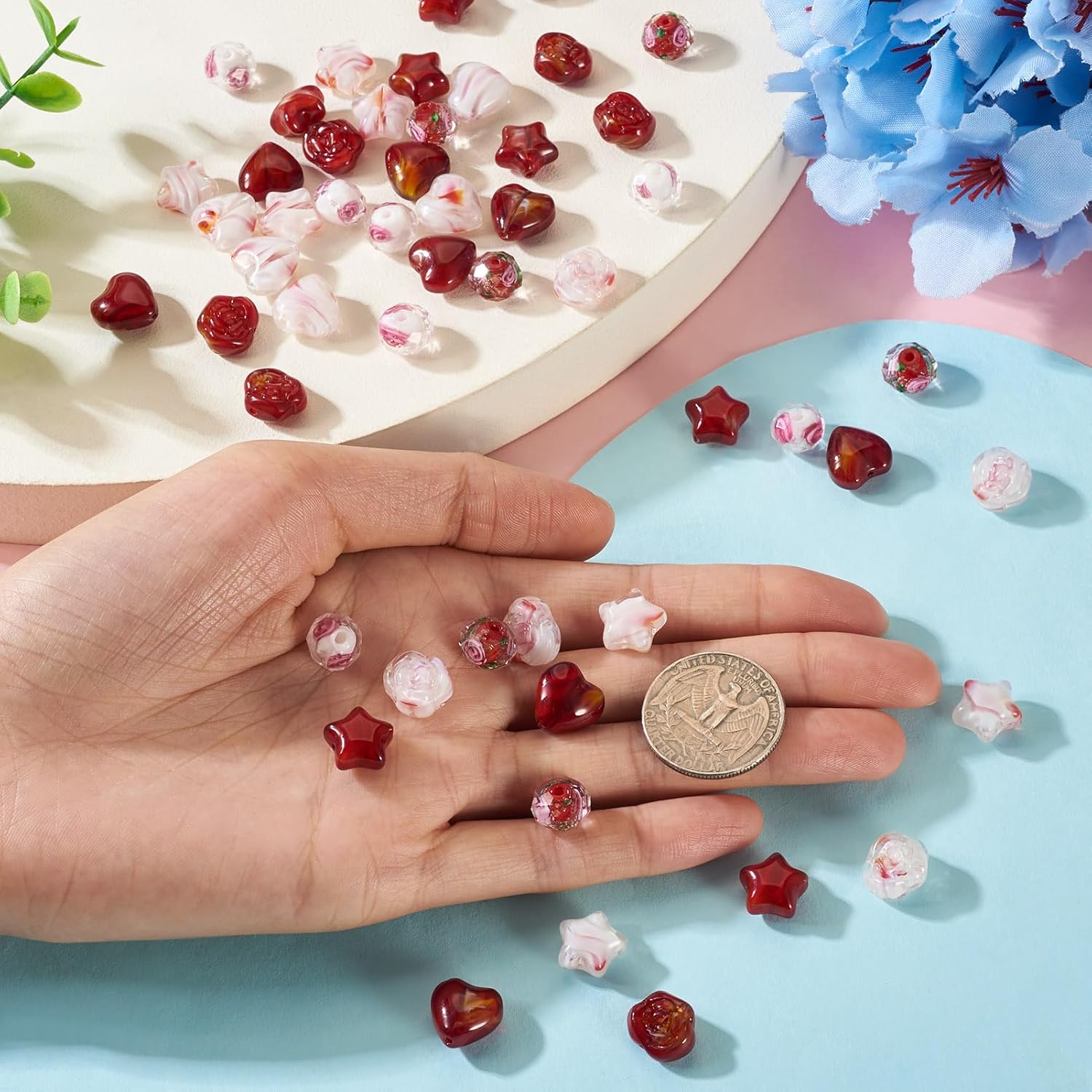 80 Pcs Red Heart Millefiori Lampwork Beads Rose Star Gold Sand Glass Beads Red Crystal Loose Spacer Bead for Valentine's Day Earring Bracelet Necklace Jewelry Making DIY Craft - Image 6